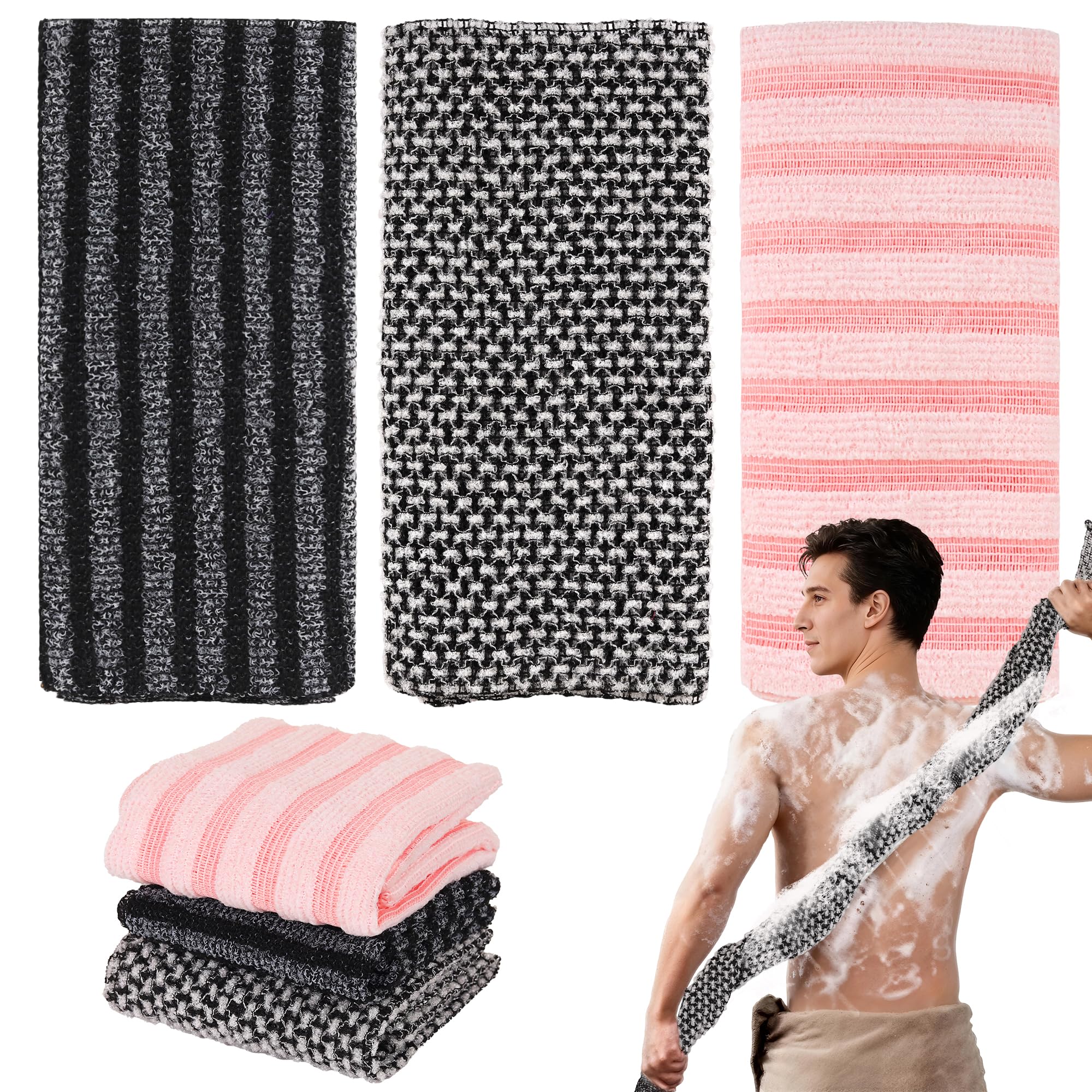 3Pcs Exfoliating shower towel Extra Long Japanese Towel for Men Women Specifically Designed for Back Scrubbing Cleaning Dirt and Dead Skin（Black,Grey,Pink）-image-22
