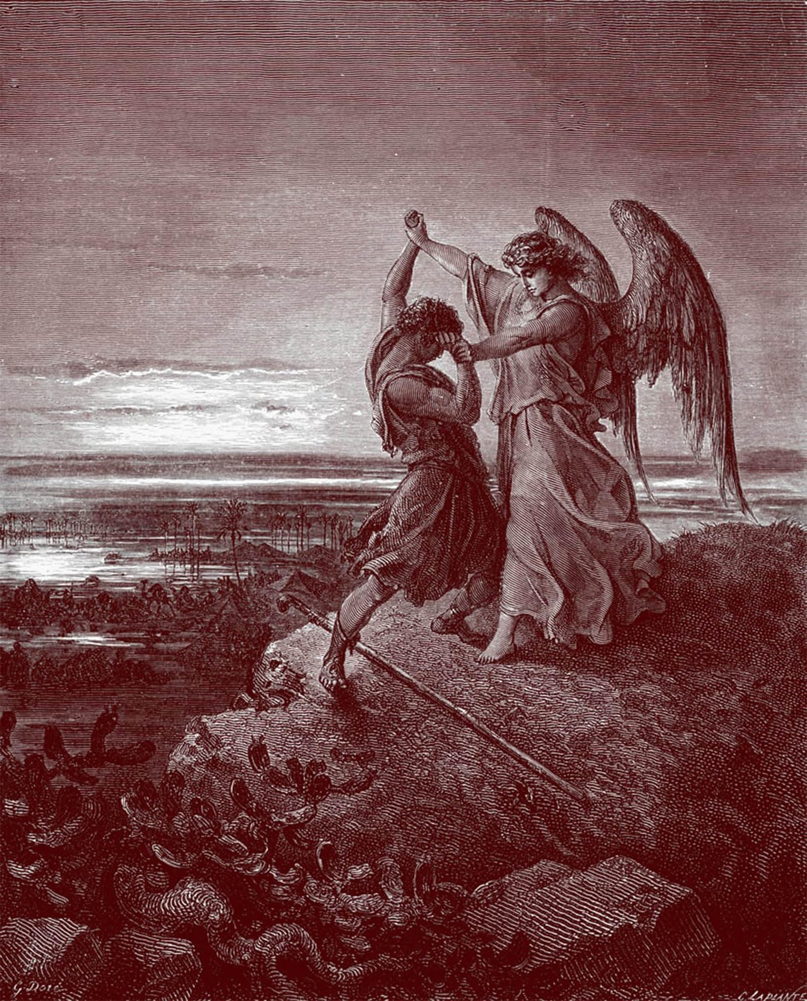 POSTERIIk Vintage Print Pop Art Landscape Artwork Jacob Wrestling with the Angel by Doré Bible by Gustave Dore Art Prints for Office Home Decor 60x90cm