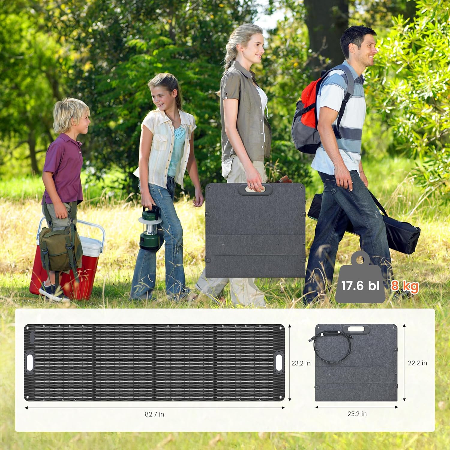 Image showing the folded and unfolded dimensions of the solar panel, highlighting its 17.6 lb weight for portability.