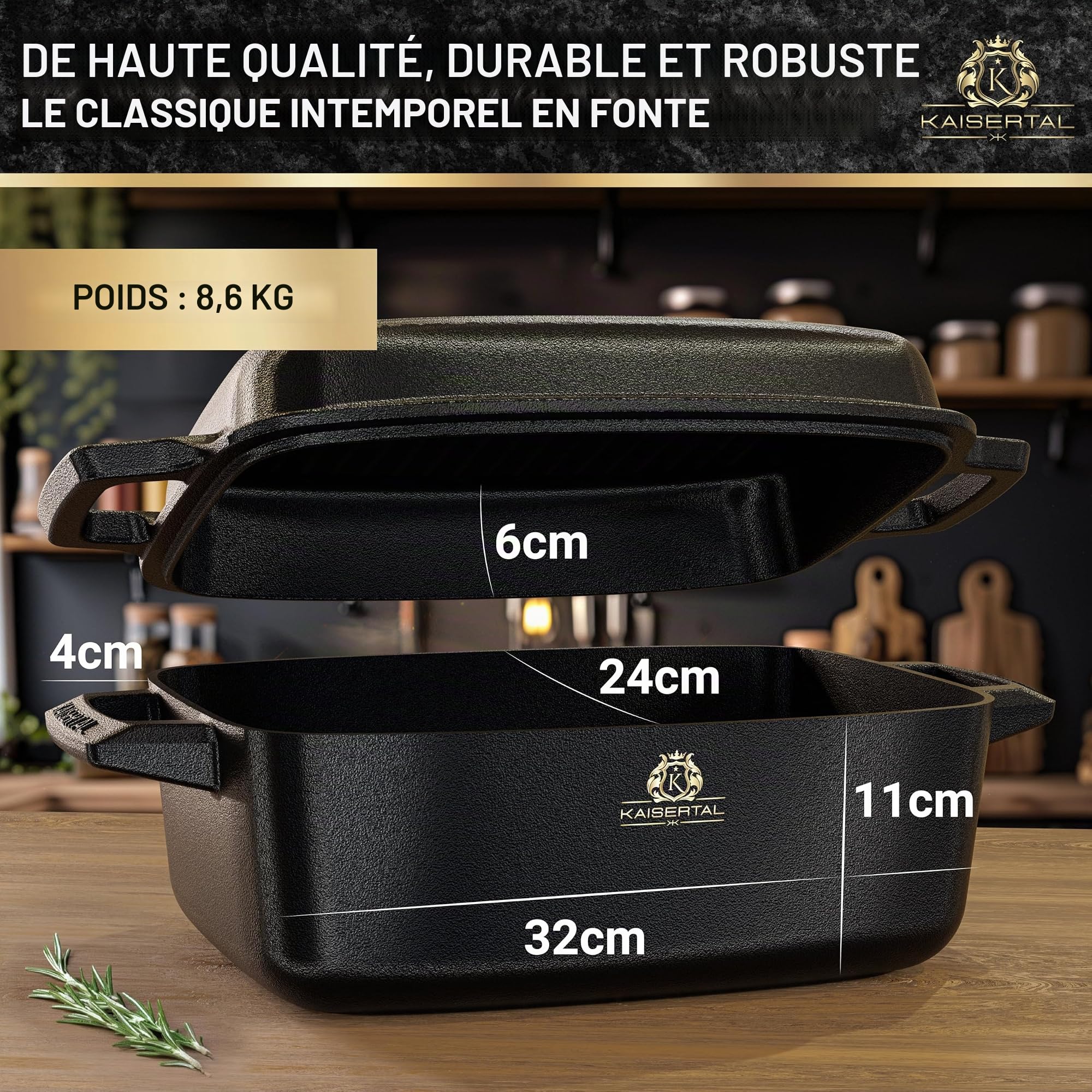 Kaisertal Cocotte ovale en fonte avec couvercle 32 cm - 10 L - Passe au four et à induction