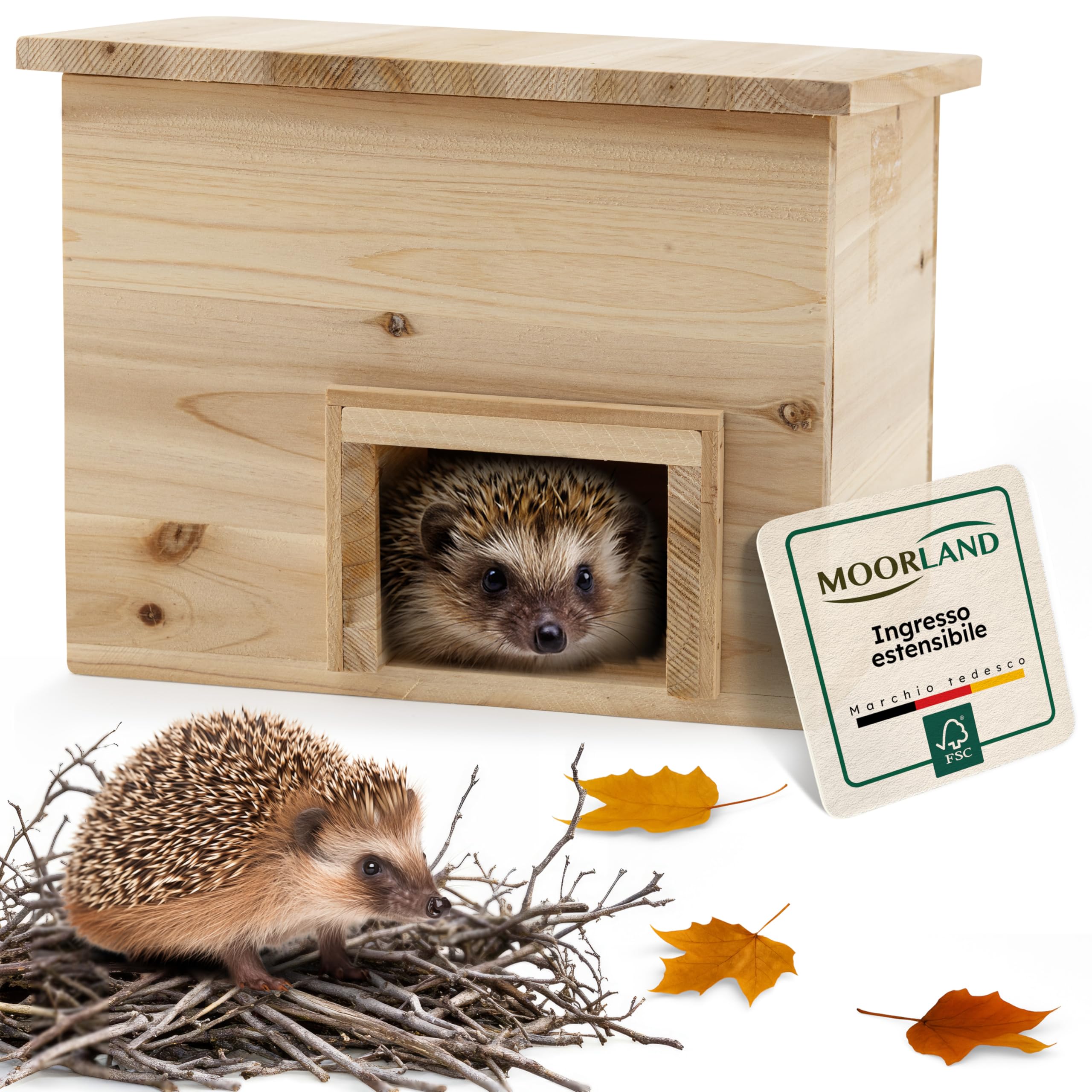 Moorland Casetta per ricci rifugio compatto in legno FSC® naturale base