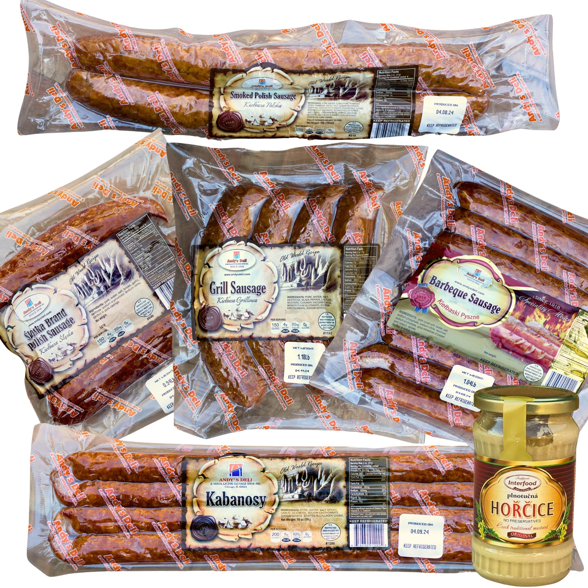 Andy's Deli Kielbasa Box Polska Kielbasa Sausage - Traditional Kielbasa Polish Sausage - Made in Chicago USA - Signature Bundle (7 Packs) + Free Mustard