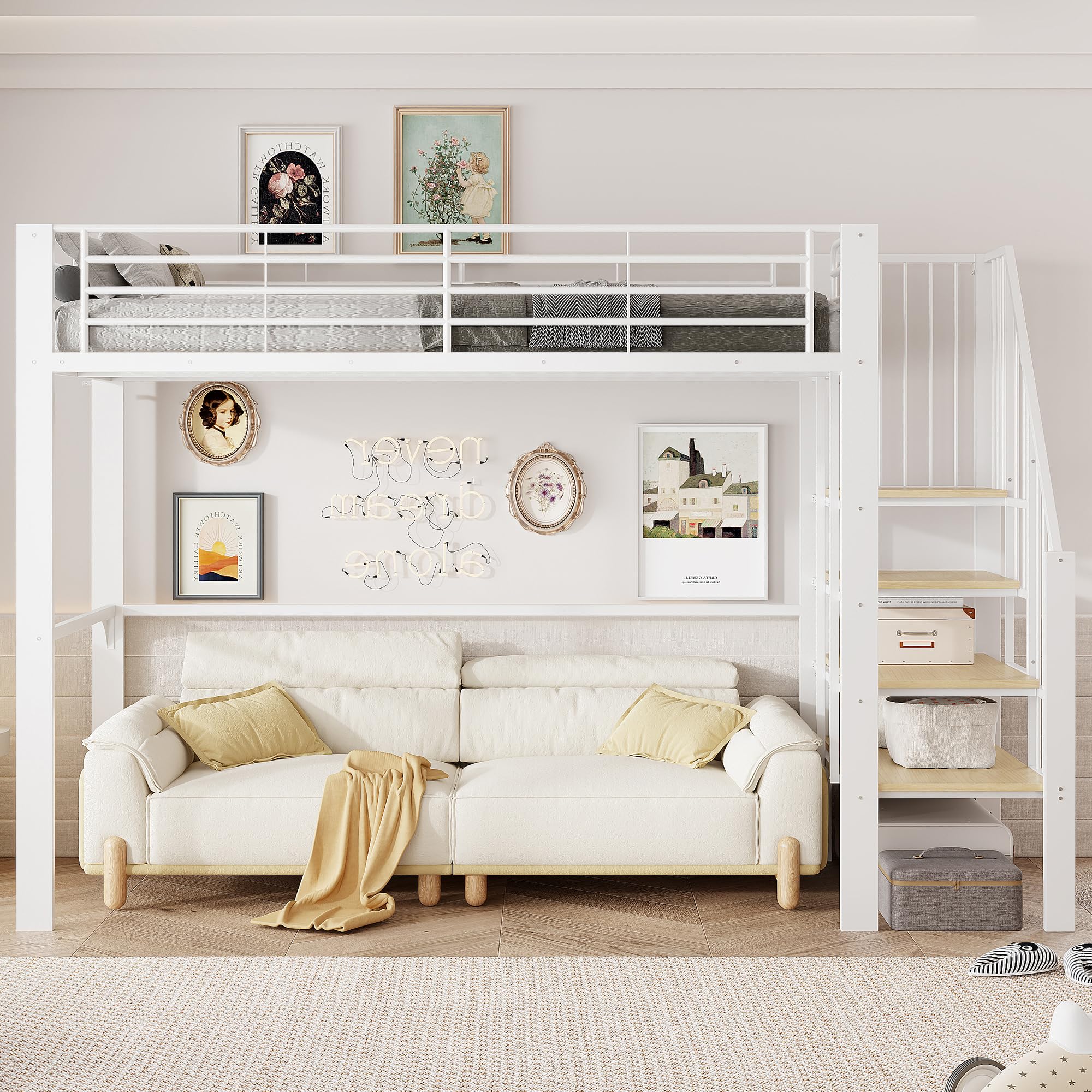 Merax Lit mezzanine 90x200 cm en métal avec échelle et espace de rangement sous le lit, lit simple peu encombrant pour enfants et adultes, lit métallique au design moderne, Blanc (sans matelas)