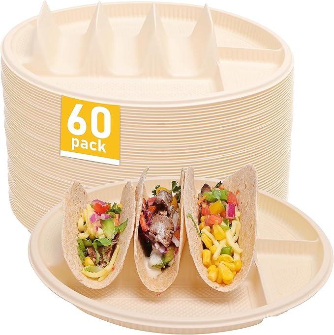 LUVCOSY 60 Pcs Large Disposable Taco Plates, Biodegradable Cornstarch Taco Holder