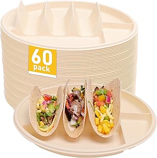 Large Disposable Taco Plates With Dipping Sides - 40 Pack, Biodegradable...