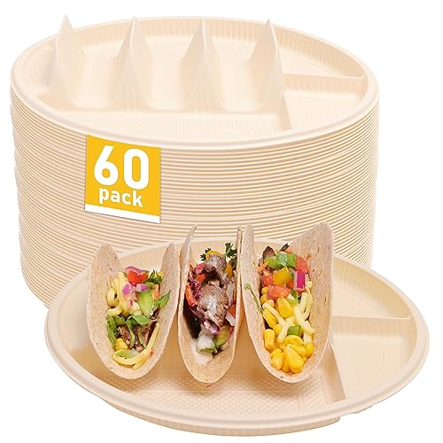 Large Disposable Taco Plates With Dipping Sides - 60 Pack,