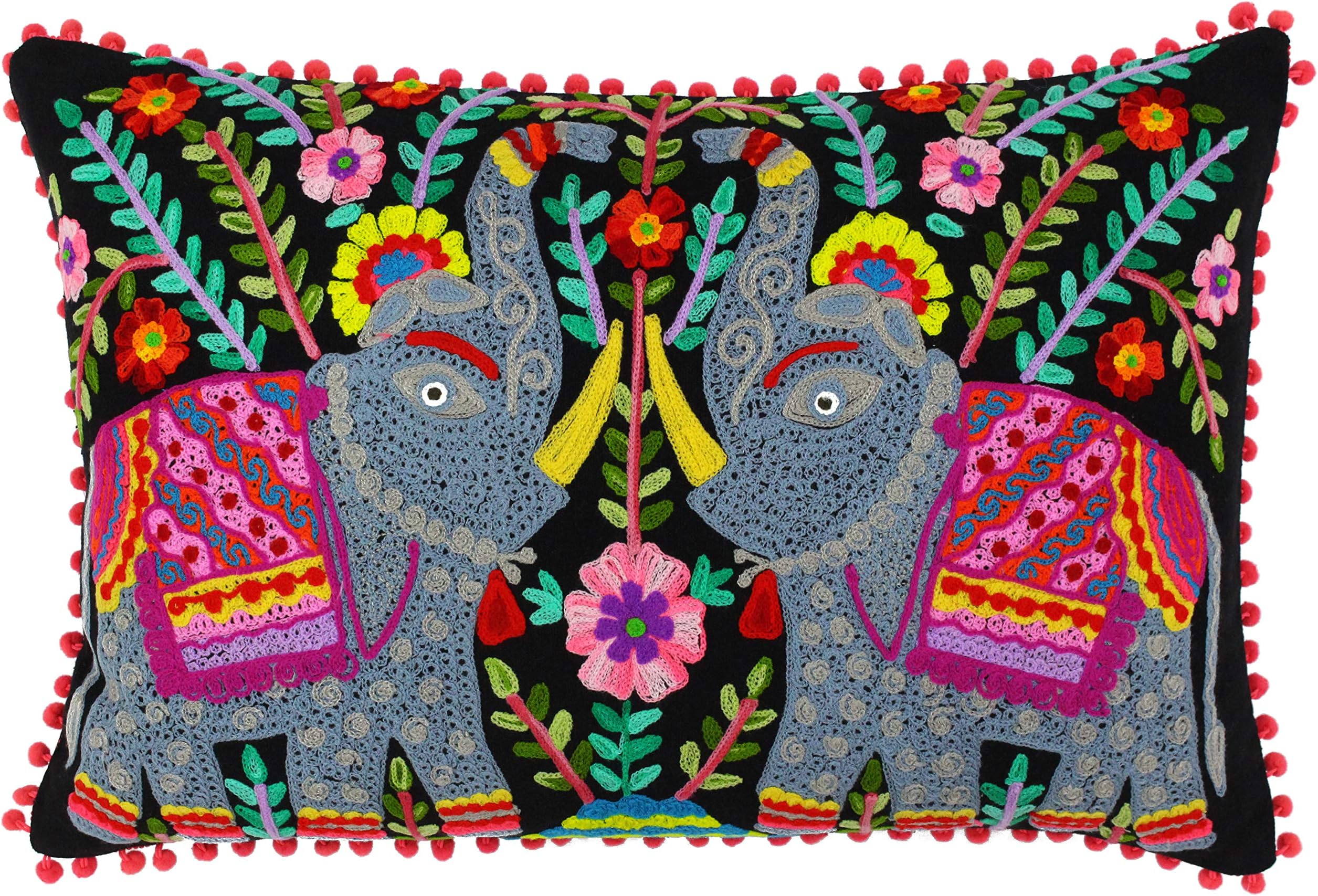 Riva Paoletti Elephants Cushion Cover Black Embroidered Neon Design Contrasting Pink Pompom Edges 100% Polyester 40 x 60cm (16" x 24" inches)
