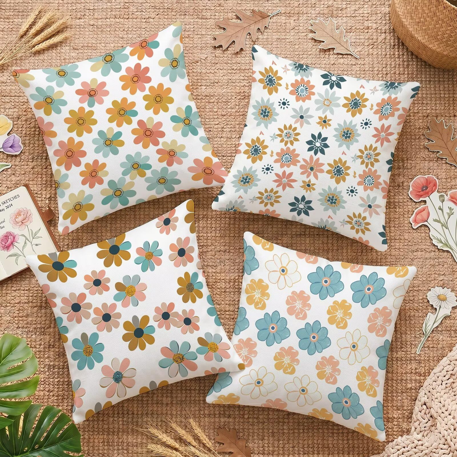Lot de 4 housses de coussin double face lavables et déperlantes pour usage mixte