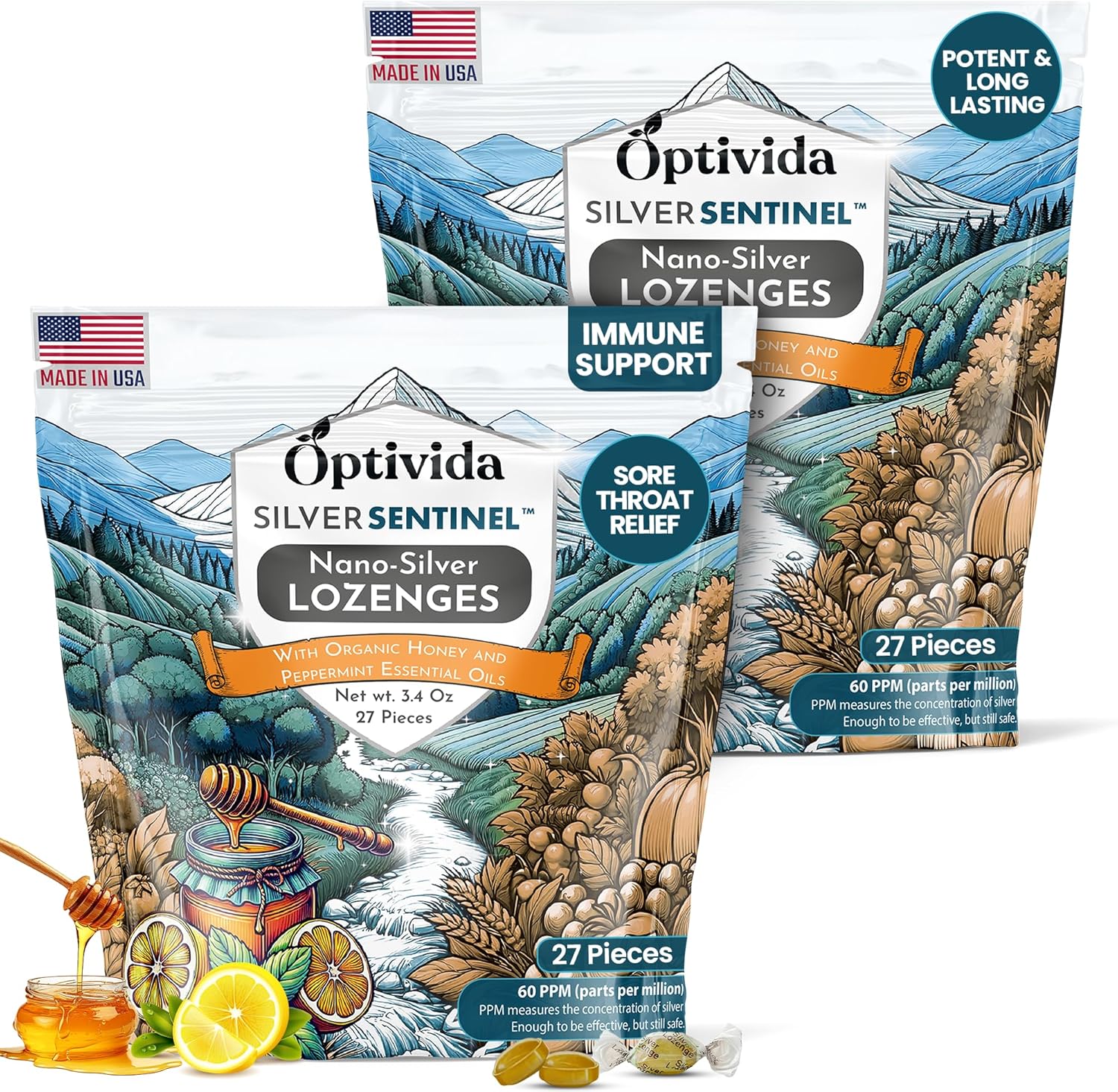 OPTIVIDA Nano Colloidal Silver Lozenges 60 PPM - Organic Cough Drops for Adults - Soothing Natural Honey Sore Throat Lozenges for Immune Support - Cold & Cough Relief Formula for Adults & Kids - 54ct