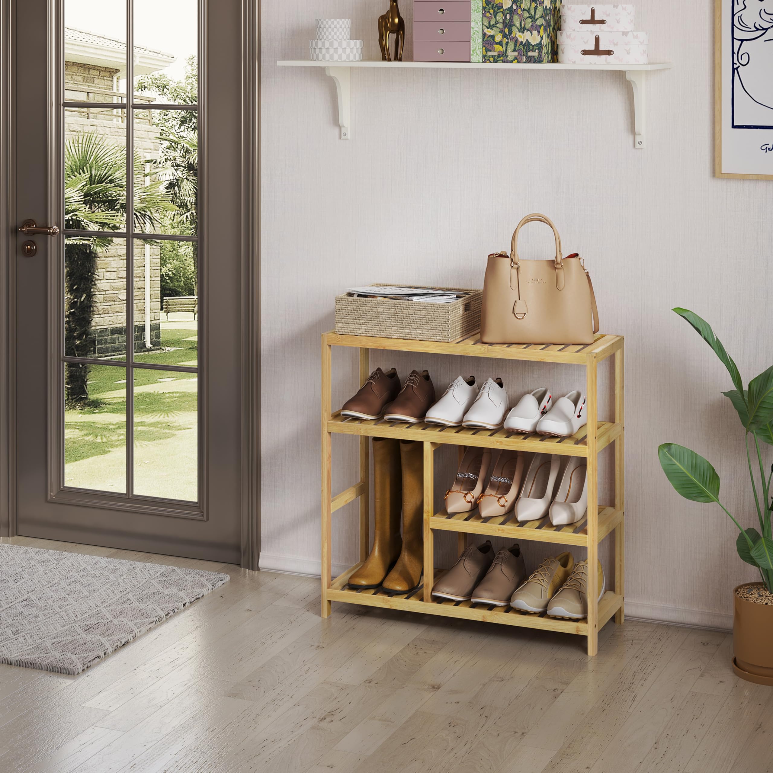 WOLTU Scarpiera in Bambù, Scarpiera a 4 Livelli, Scaffale per Piante Portascarpe, Scaffale in Bambù per Ingresso, Corridoio, Bagno, Balcone, Traspirante, 68x26x68,5 cm
