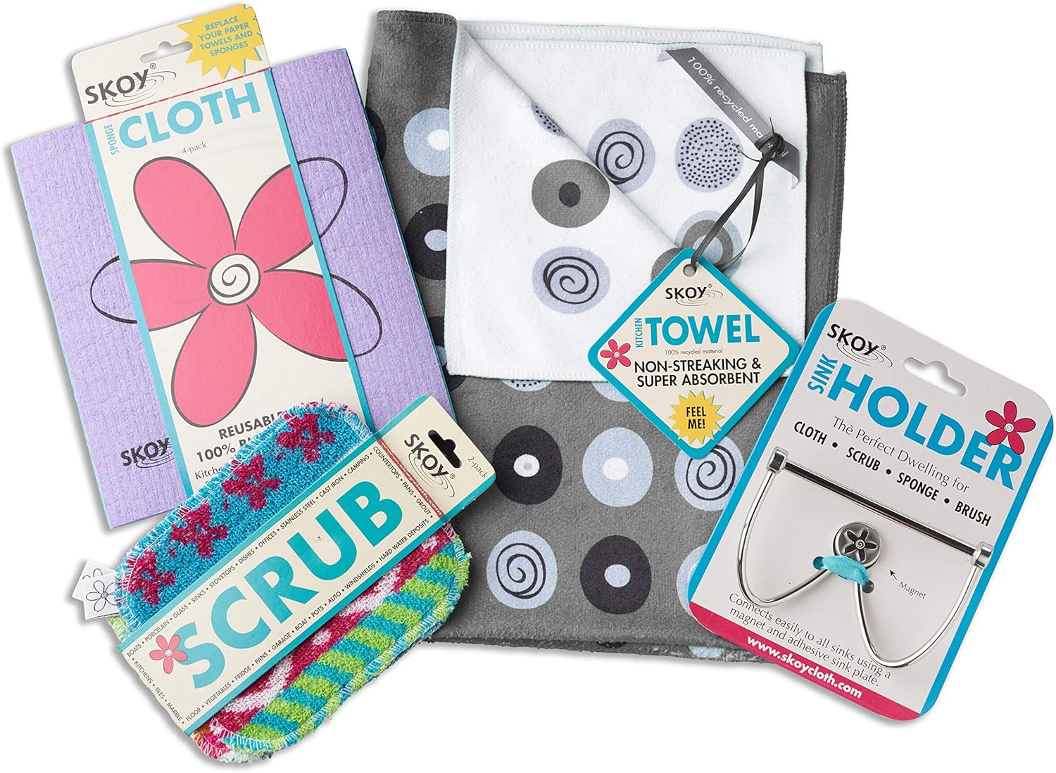 Skoy Cleaning Bundle - Cloth, Scrub, Gray Towel and Sink Holder – Environmentally Friendly, Kitchen & Household Use, Plastic-Free Packaging, Great Gift Idea!