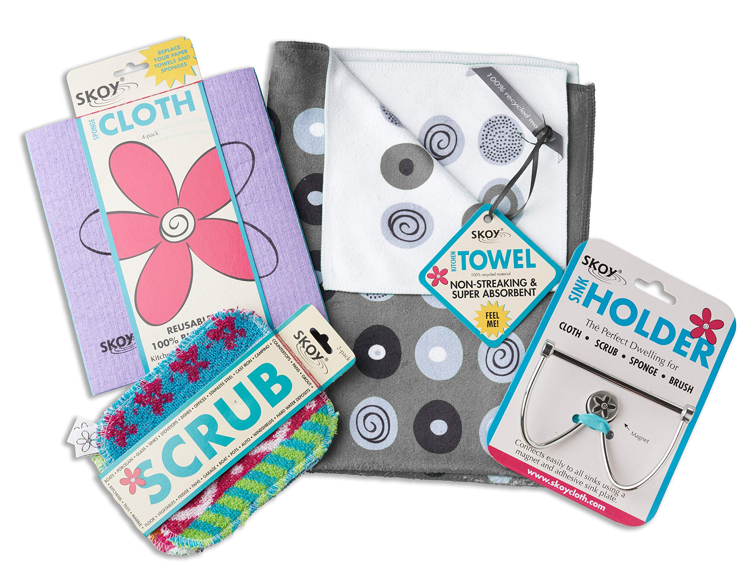 Skoy Cleaning Bundle - Cloth, Scrub, Gray Towel and Sink Holder – Environmentally Friendly, Kitchen & Household Use, Plastic-Free Packaging, Great Gift Idea!