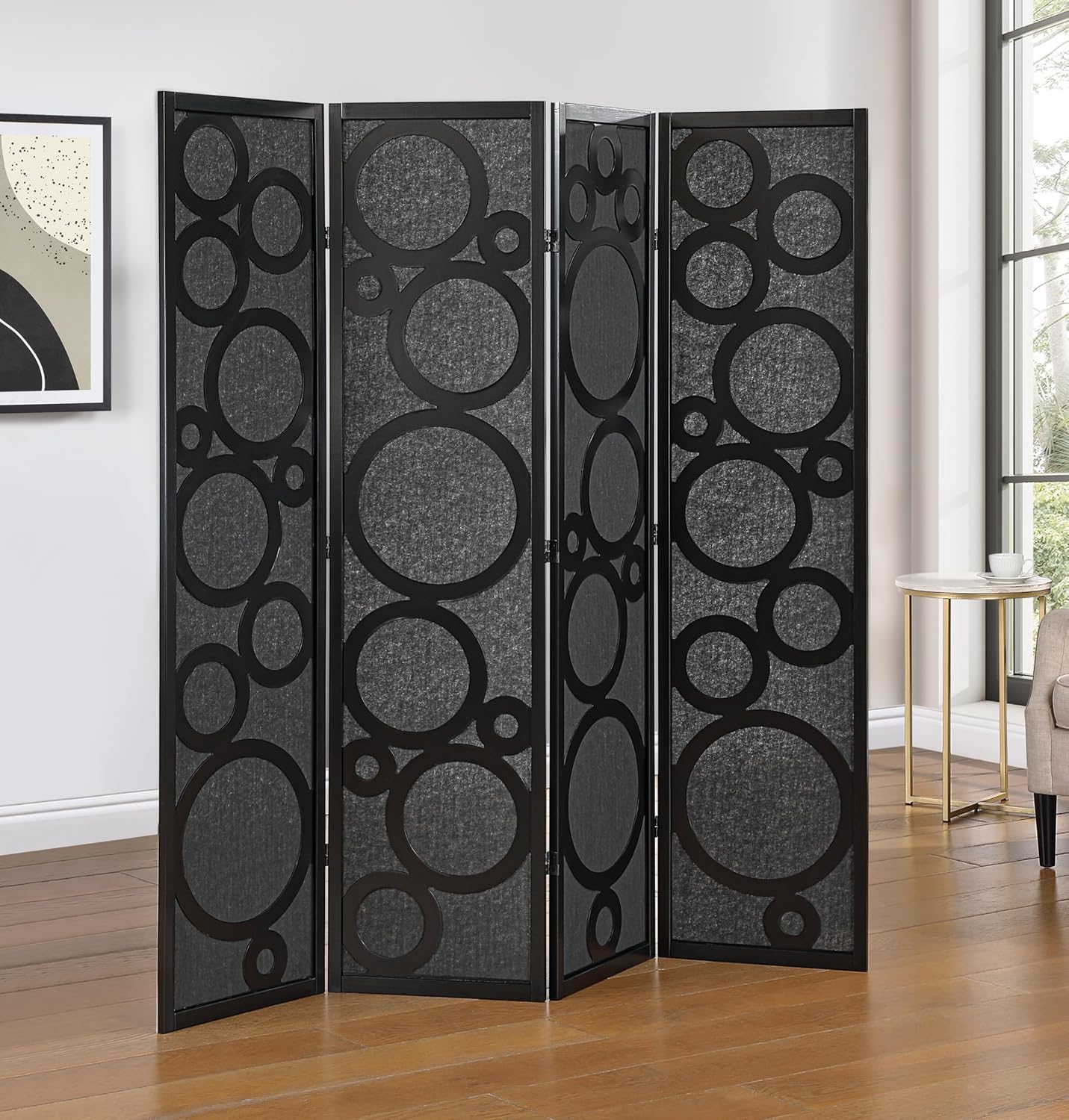 Roundhill Furniture Tavari 4-Panel Room Divider, Decorative Folding Freestanding Privacy Screen, Silver