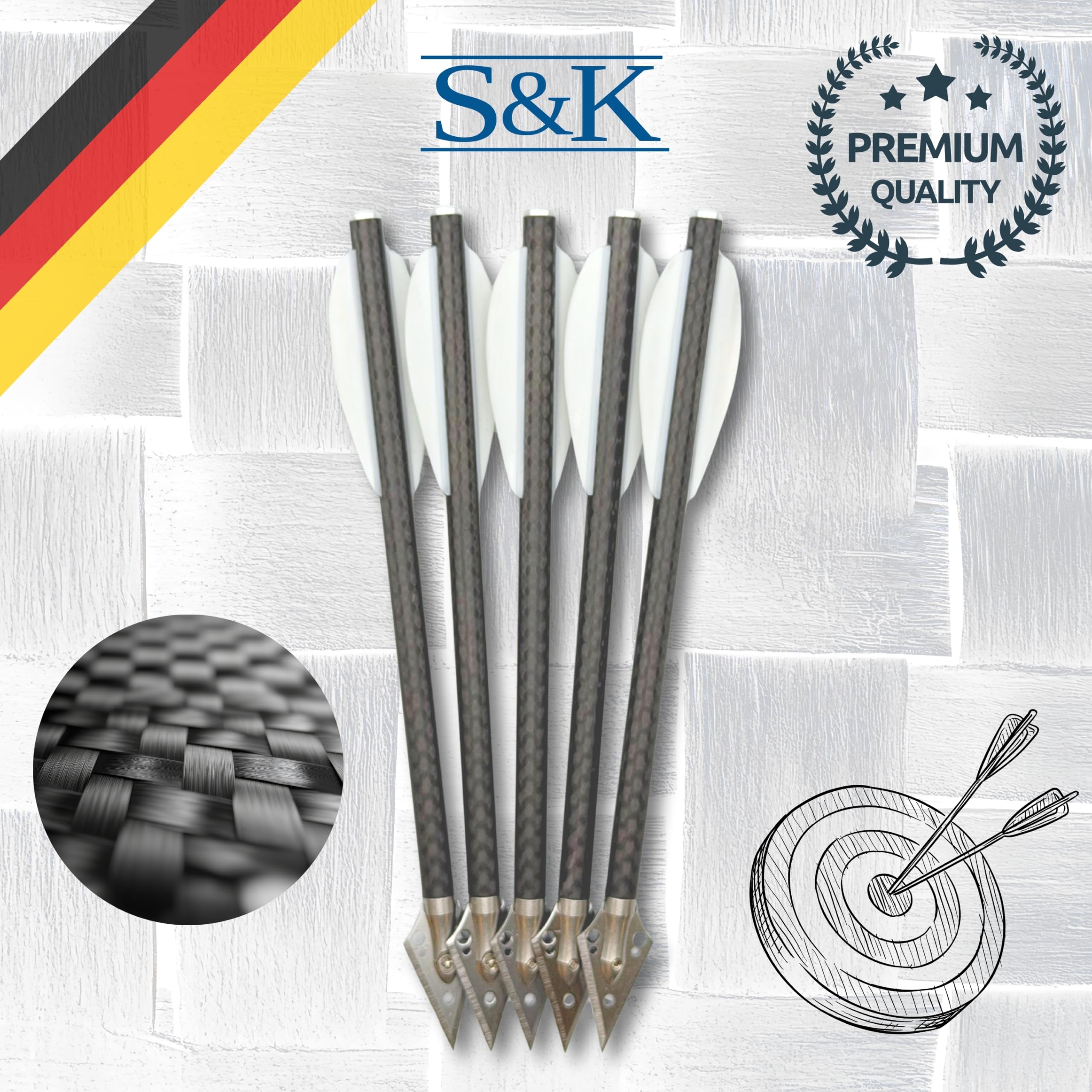 S&K - 5X Premium 3K Carbon Jagdbolzen 6,3" für Pistolenarmbrust – für Steambow Stinger, EK Archery Vlad & Cobra, Mey Interceptor UVM. – Hochpräzise Armbrustpfeile mit Jagdspitzen & weißen Vanes