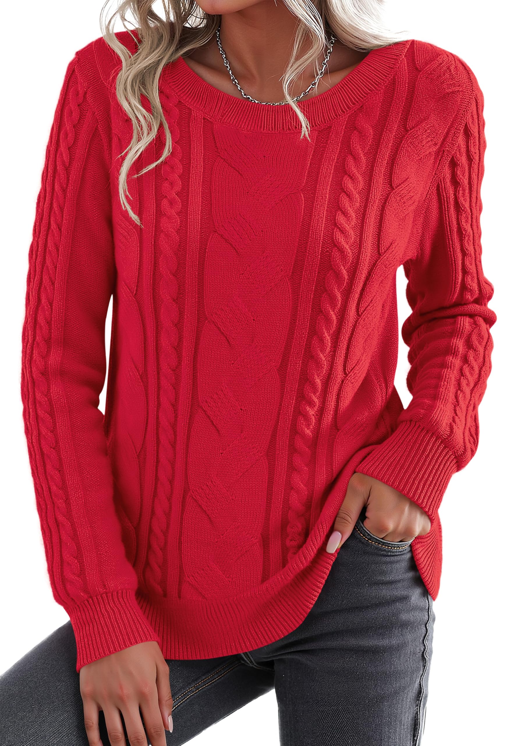 Jouica Womens Fall Fashion 2025 Cable Knit Crewneck Sweater Long Sleeve Cozy Winter Pullover Sweater
