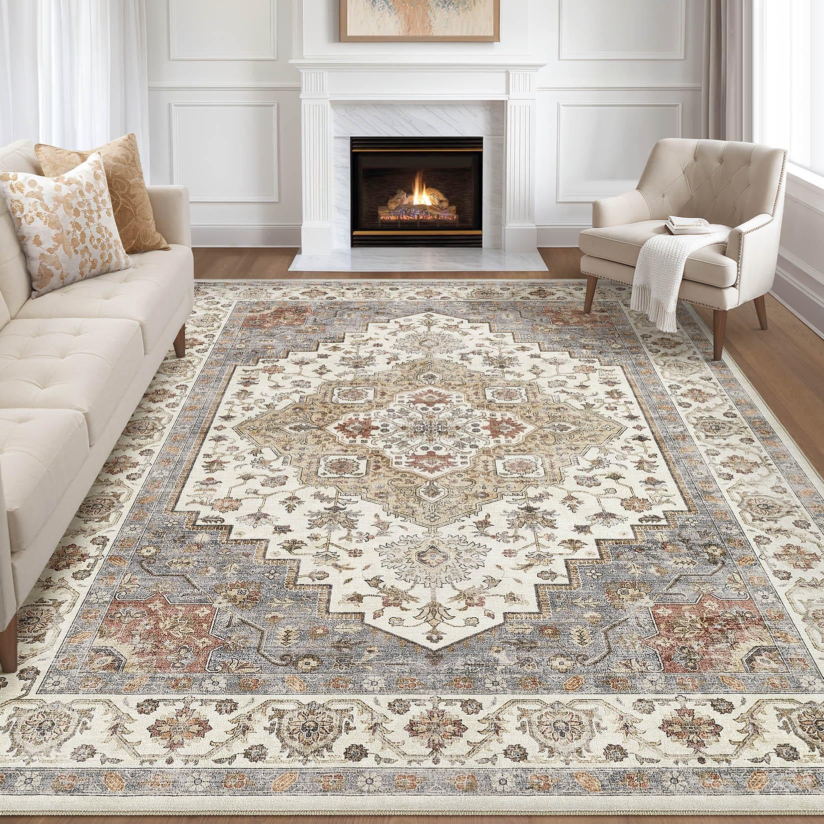 LOONGRUG 7x10 Area Rug Washable Vintage Boho Living Room Rug Orange Beige