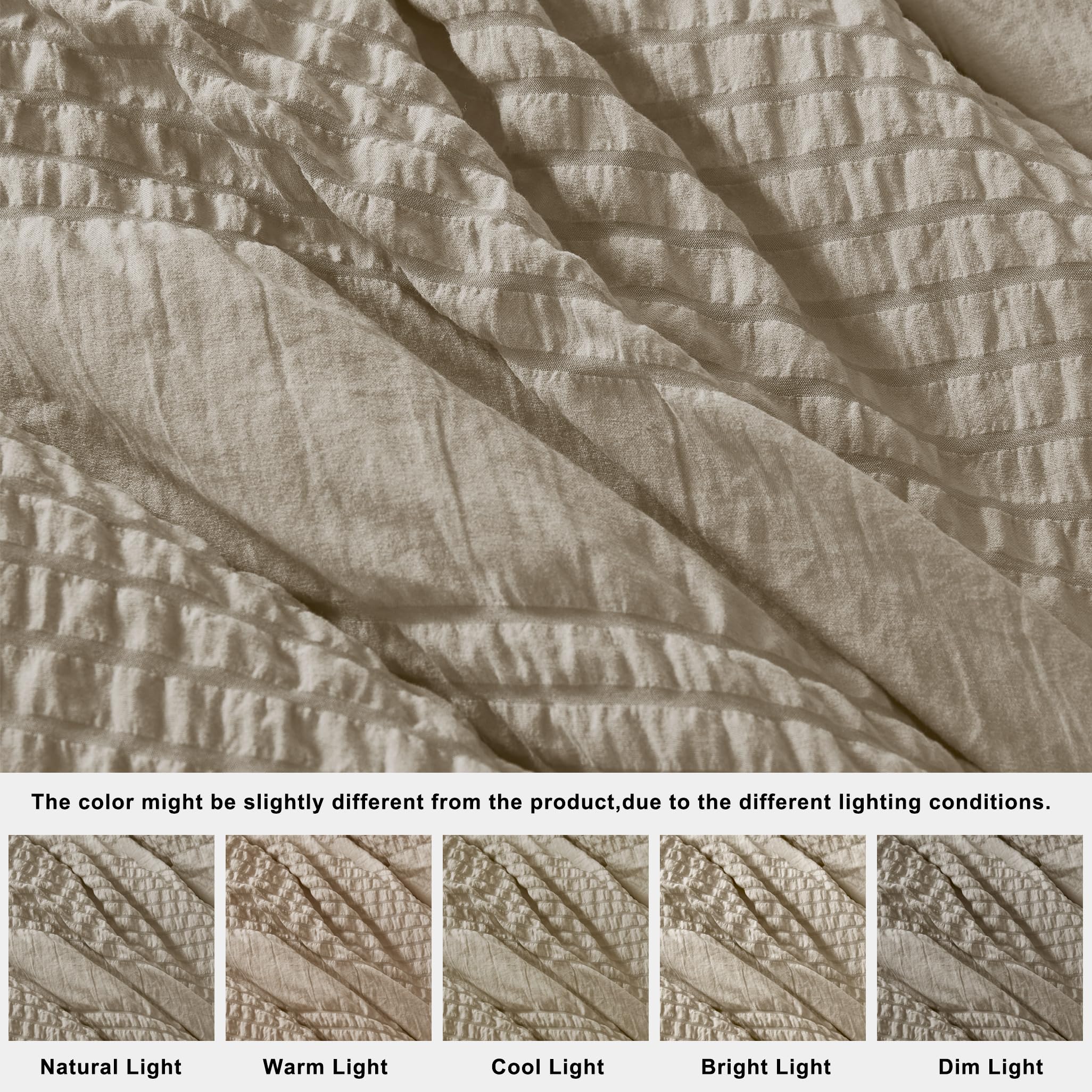 King Size Comforter Set Beige- 3 Piece Soft Cream Seersucker Bedding Comforters Set with 2 Pillow Shams, Tan Lightweight Fluffy Down Alternative Comforter Set for All Season, 104x90 Inches