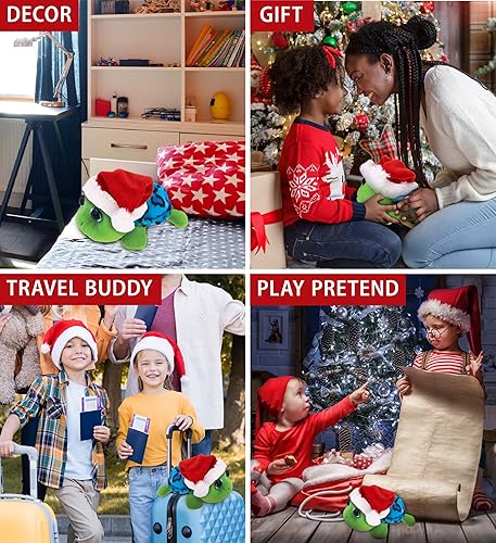 Miniatura 4 de DolliBu Santa Big Eye - Juguete de peluche de tortuga marina de concha azul de ojo grande, súper suave, disfraz de animal con traje de Papá Noel