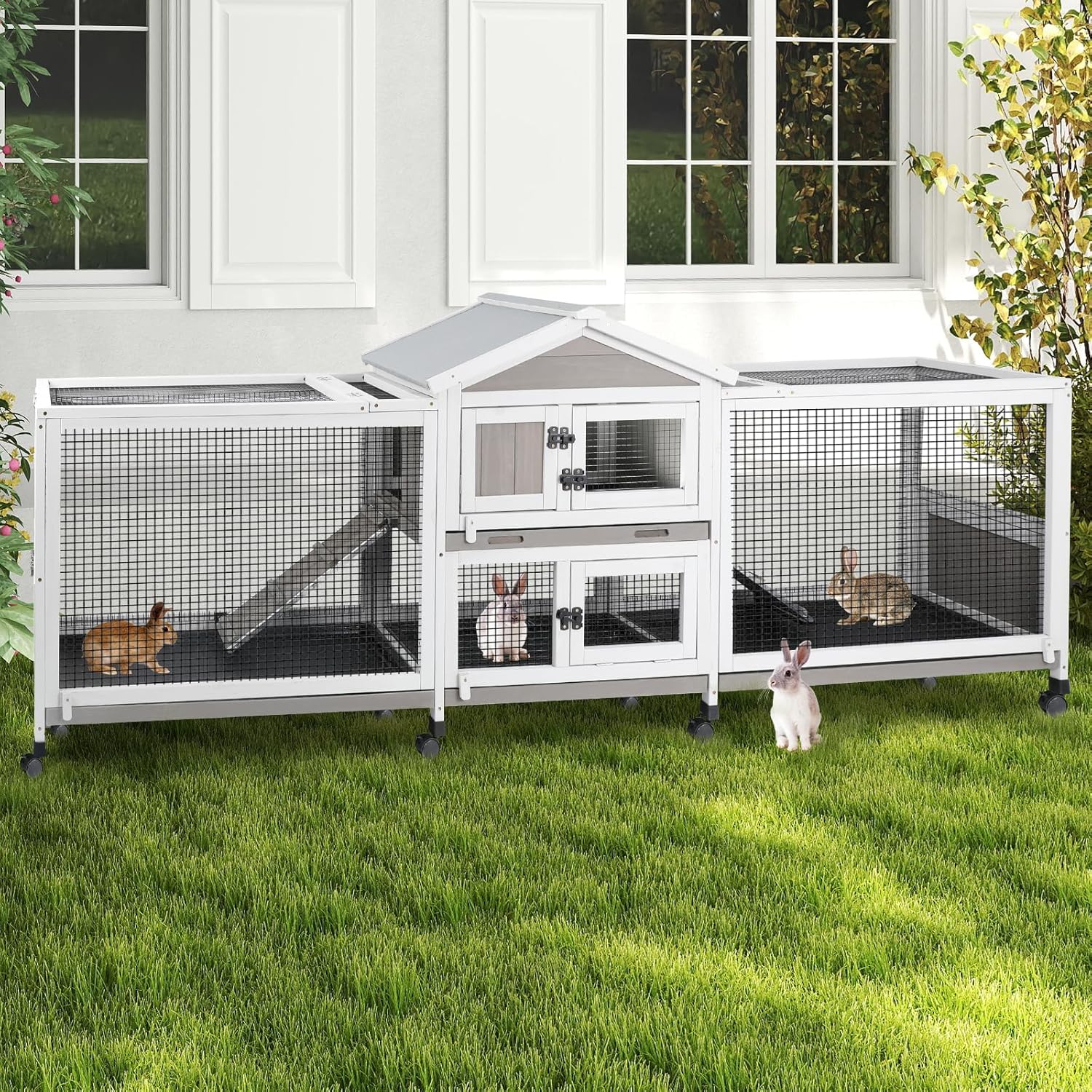 PetsCosset Double Rabbit Hutch Outdoor Indoor Large Bunny Cage with Dual Side Runs, 2-Story Wooden Hutch with 4 Leak Proof Trays, 8 Wheels, Waterproof Roof, Ramp, for Small to Medium Animals