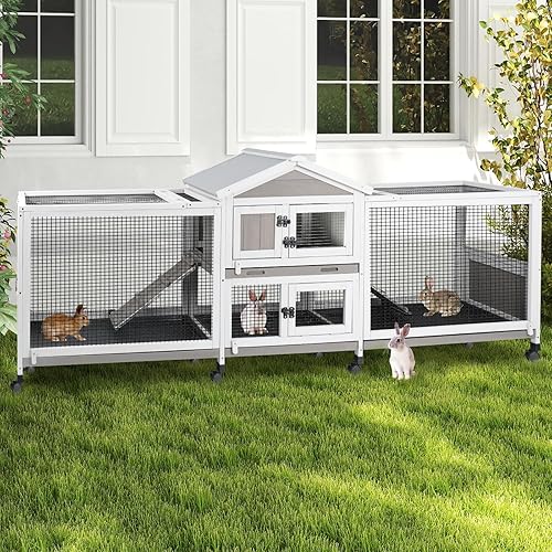 PetsCosset Double Rabbit Hutch Outdoor Indoor Large Bunny Cage with Dual Side Runs, 2-Story Wooden Hutch with 4 Leak Proof Trays, 8 Wheels, Waterproof Roof, Ramp, for Small to Medium Animals