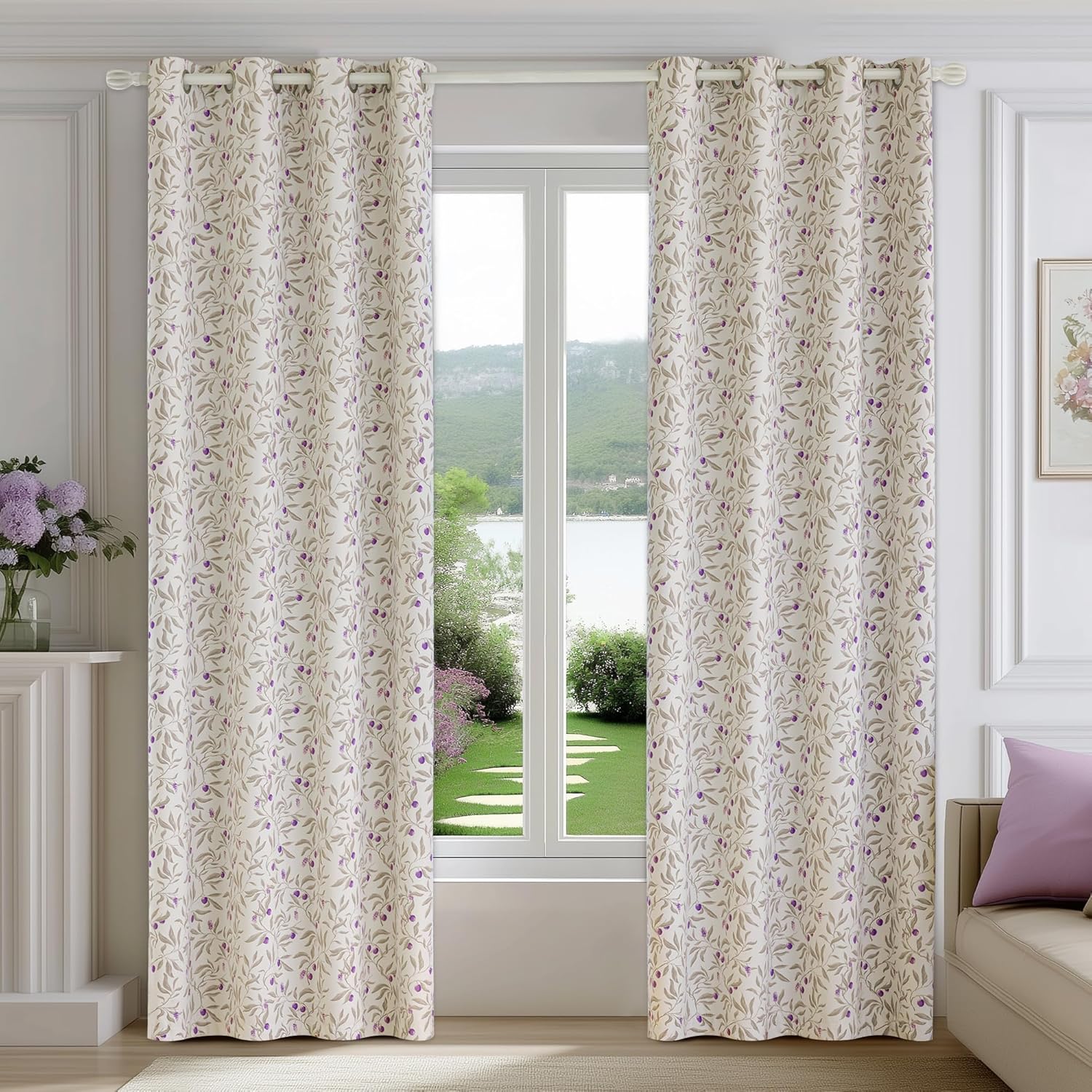 100% Blackout Beige Curtains 96 Inches Long for Bedroom, Purple and Taupe Cherry Leaves Patterned Curtains for Living Room, Farmhouse Thermal Insulated Botanical Drapes Grommet 2 Panels Set