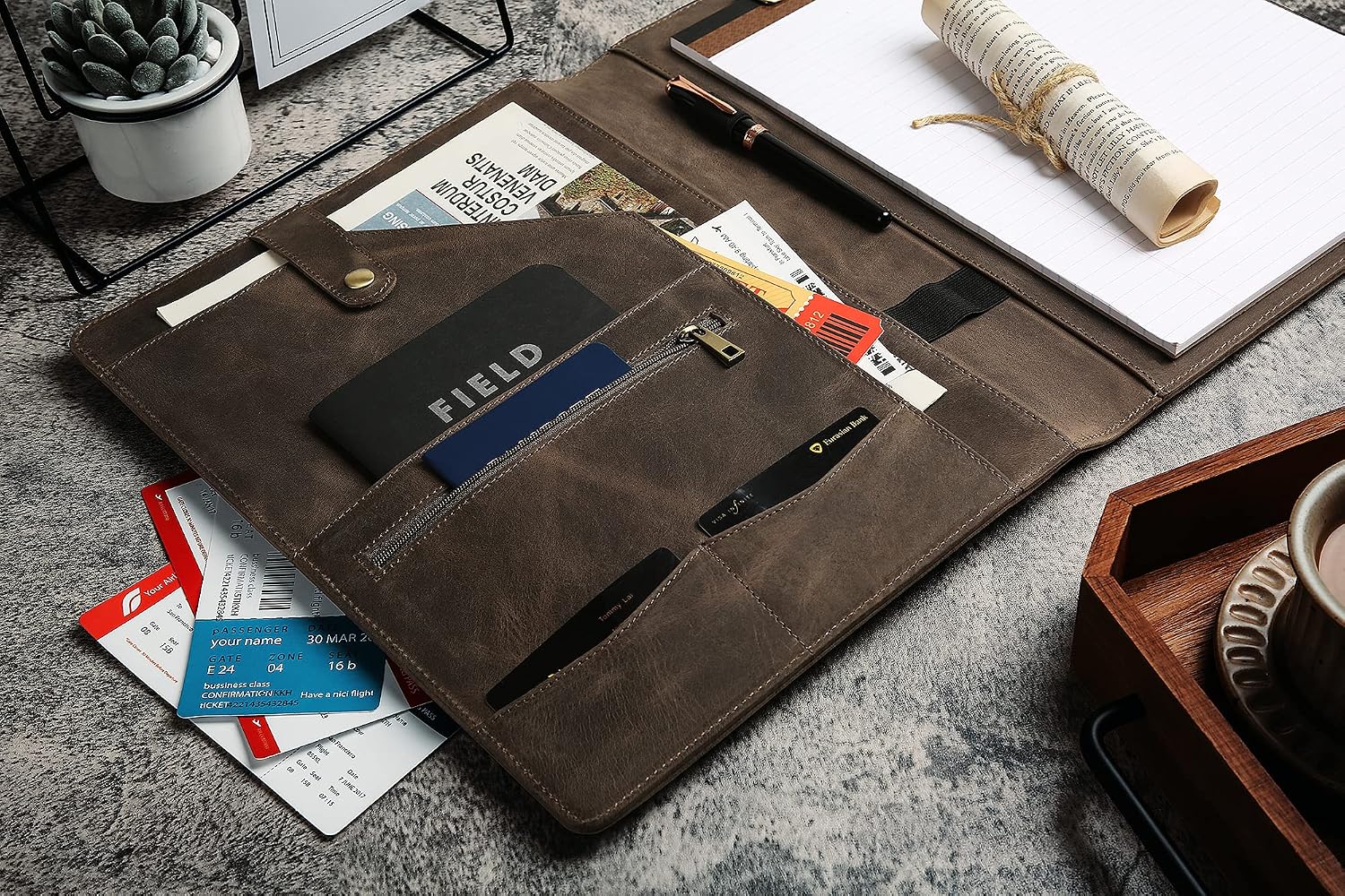 Personalized Leather Portfolio for Men, Engraved Leather Clipboard Portfolio Binder, Custom Leather Legal Pad Padfolio, Christmas Gift for His/Her (Clipboard, Grey-Standard)