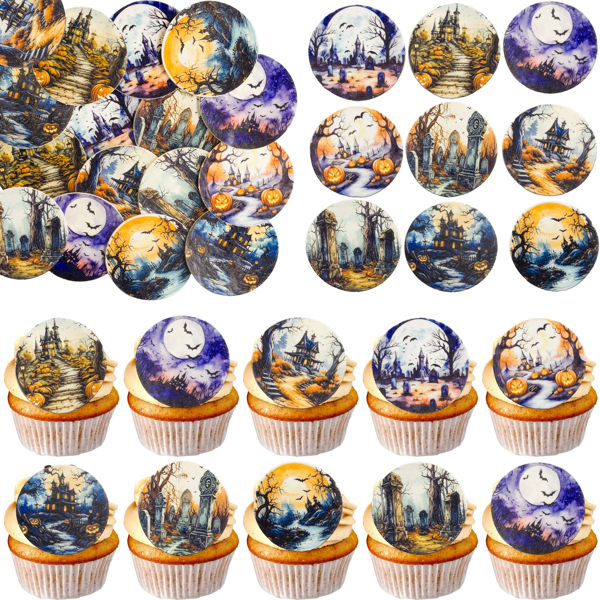 Gyufise 54Pcs Halloween Cupcake Toppers Wafer Paper Trick or Treat Cake Toppers Spooky Season Hocus Pocus Cupcake Picks for Halloween Eve Theme Party Birthday Decor Supplies Black White โ image 1