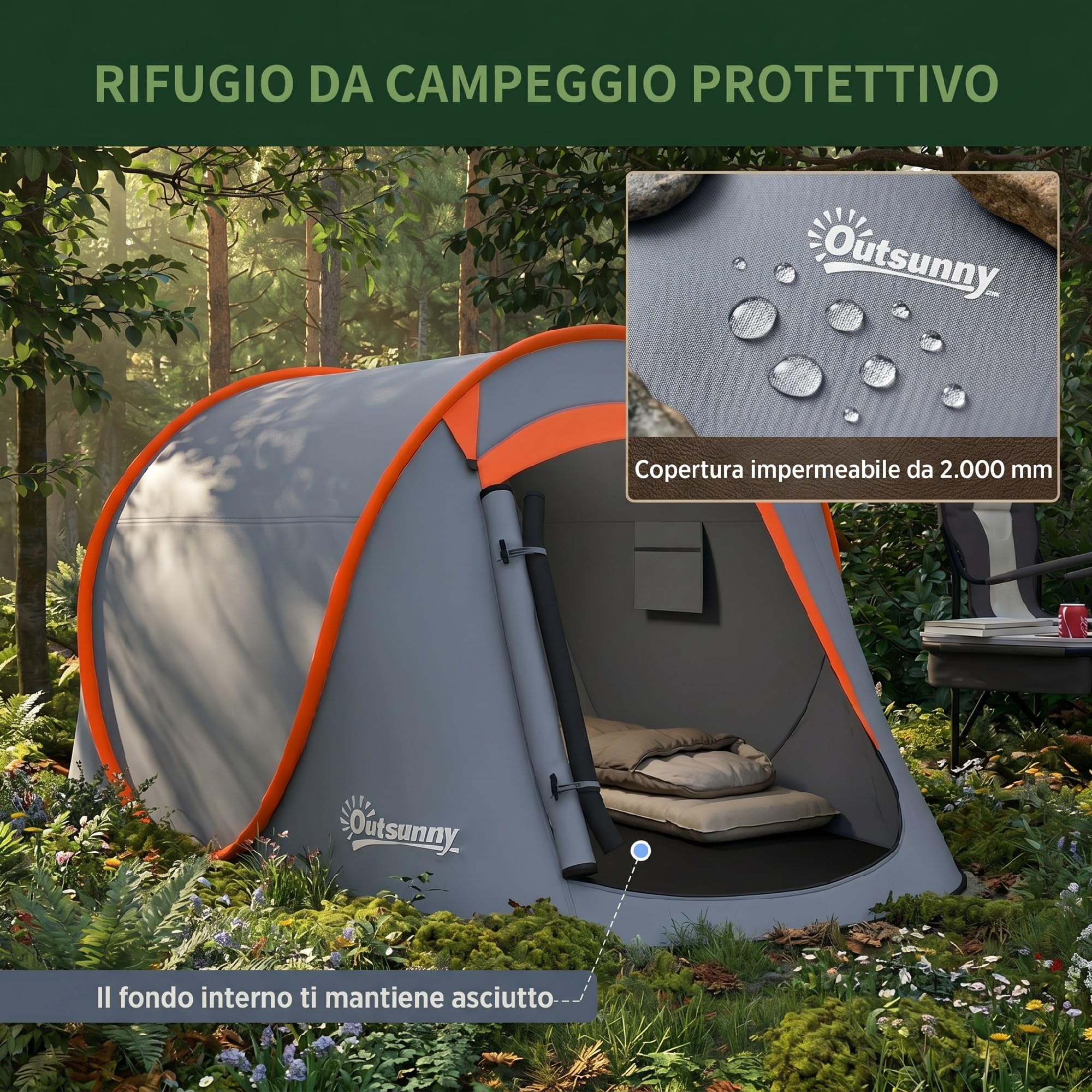 Outsunny Tenda da Campeggio Impermeabile 2-3 Posti Pop Up 245x148x105 cm