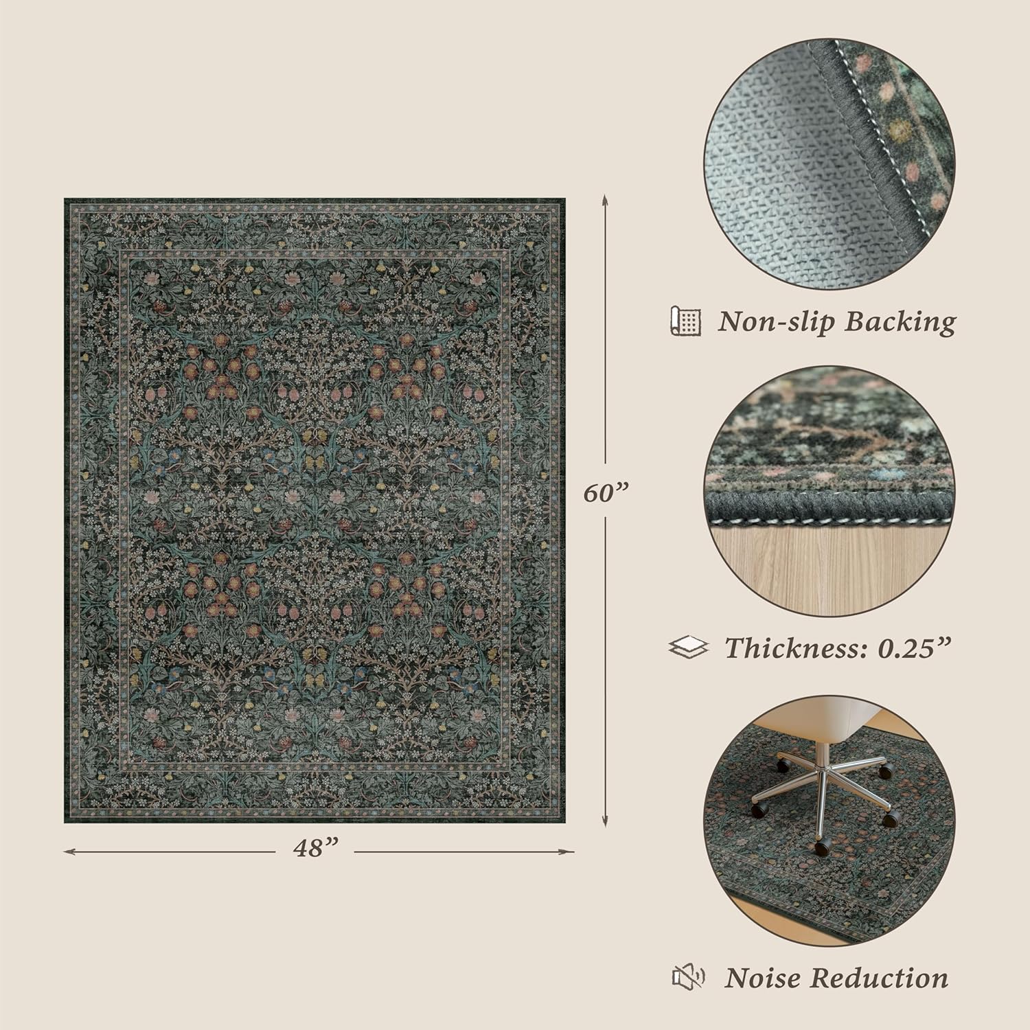 48"x60" Dark Green Office Chair Mat for Hardwood & Tile Floor, Vintage Floral Washable Under Desk Rug with Anti-Slip Backing & Ultra Soft, Floor Protector for Rolling Chairs, Stain Resistant