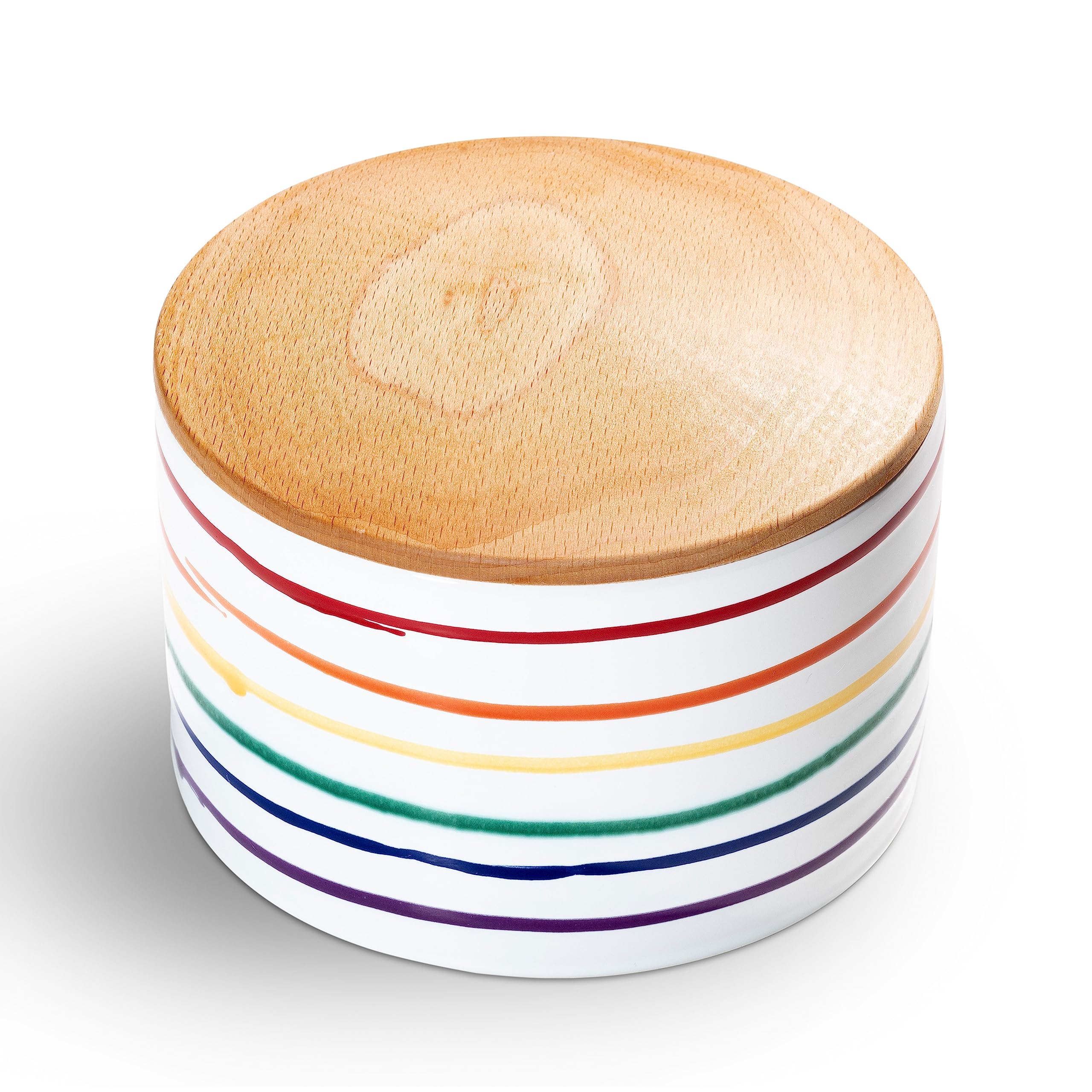 GMUNDNER KERAMIK Tarro de almacenamiento, Bote con Tapa de Madera, Contenedor de Alimentos H. 9 cm, Arco Iris, Vajilla Hecha a Mano en Austria