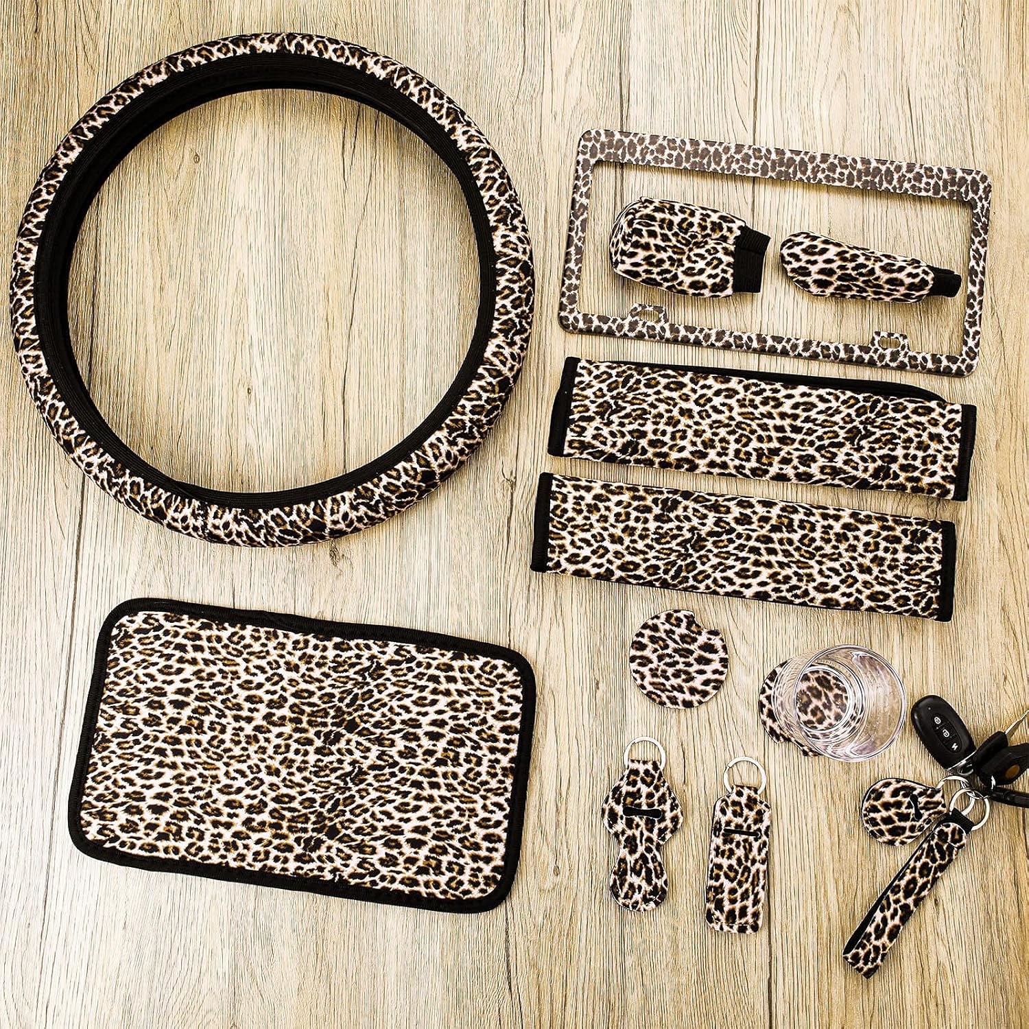 Super Big Clearance! 25 Pieces Leopard Print Car Seat Cover Full Set, Leopard Car Accessories Steering Wheel Cover Metal License Plate Cover Headrest Seat Belt Cover Coaster Armrest Pad Handbrake Shift Gear Cover Keyring Black Friday - 70% OFF 25 Pieces Leopard Print Car Seat Cover Full Set, Leopard Car Accessories Steering Wheel Cover Metal License Plate Cover Headrest Seat Belt Cover Coaster Armrest Pad Handbrake Shift Gear Cover Keyring