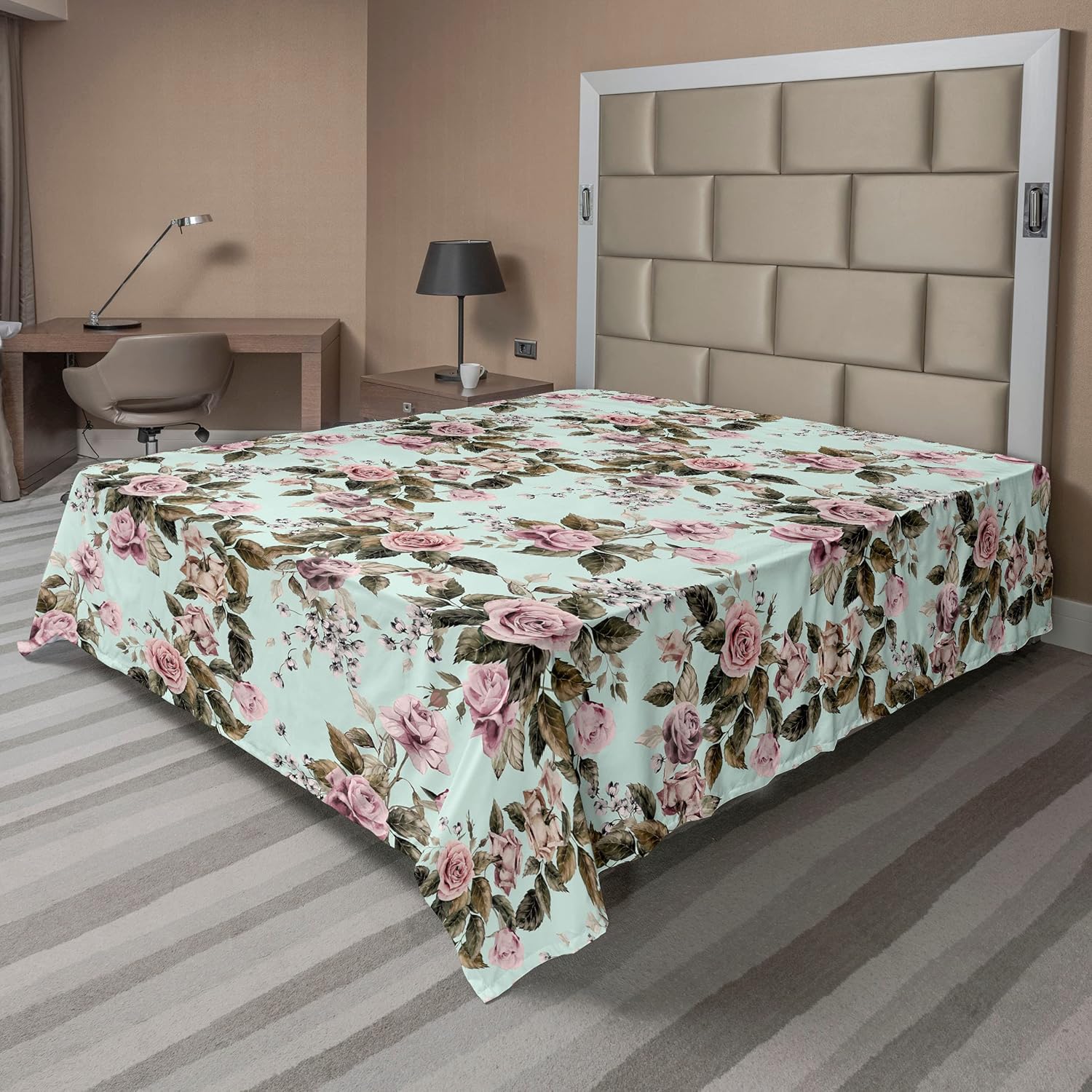 Ambesonne Tropical Boho Flat Sheet, Stripe Drawn Exotic Jungle Flowers Hearts with Flamingo Pattern, Soft Comfortable Top Sheet Decorative Bedding 1 Piece, Queen Size, Ruby Pale Ruby Off White
