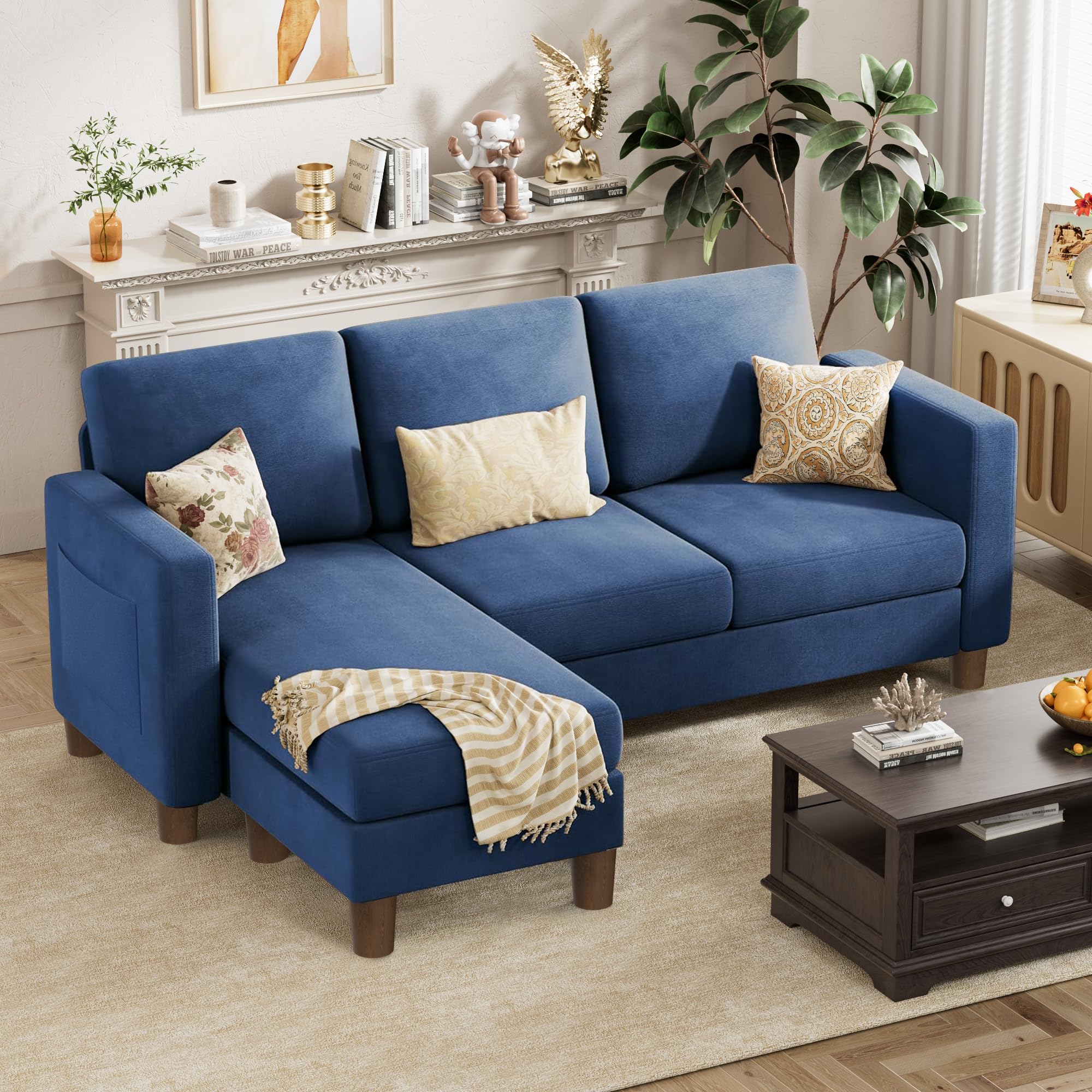 VICTONE Convertible Sectional Sofa Couch, 3 Seat L-Shaped Sofa with Linen Fabric, Movable Ottoman Small Couch for Small Apartments, Living Room and Office (Blue)
