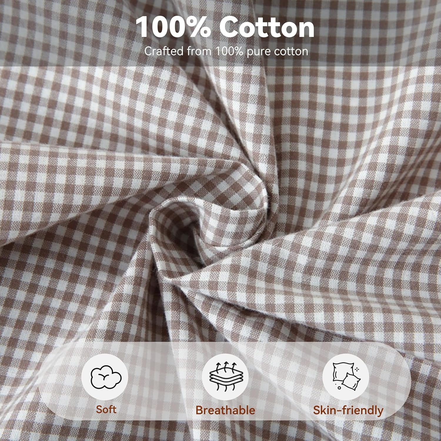 Gingham Pillow Covers (2 Pack) - 18x18 Inches Brown/White Plaid, 100% Washed Cotton Vintage Ruffle Decorative Throw Pillowcases with Zipper Closure for Bed & Couch