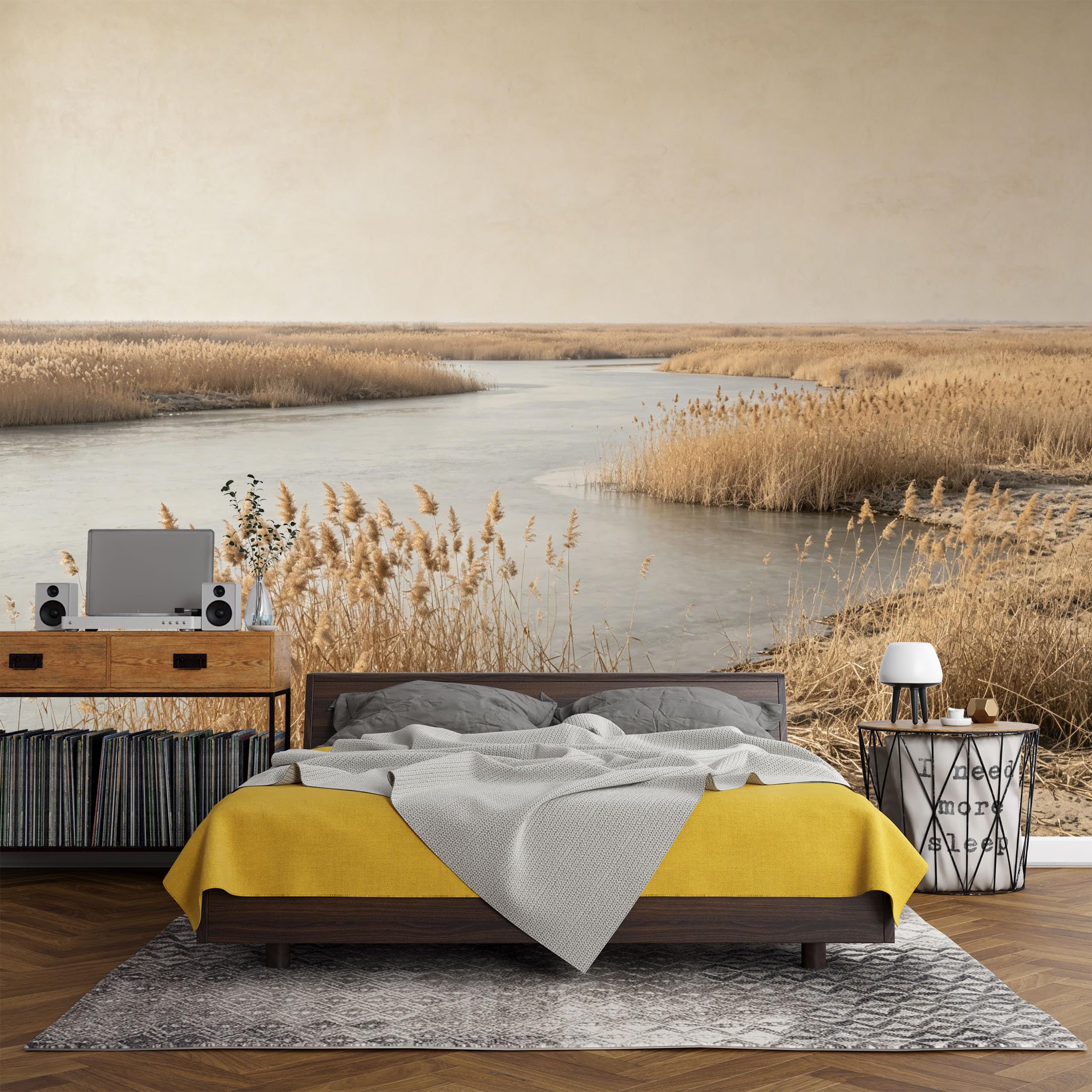 Custom Size Wall Mural， Landscape Riverside Reed Marsh Minimalist Nature Scene，SelfAdhesive Art Prints wall Fabric (No PVC) Removable Wallpaper Living Room Decor