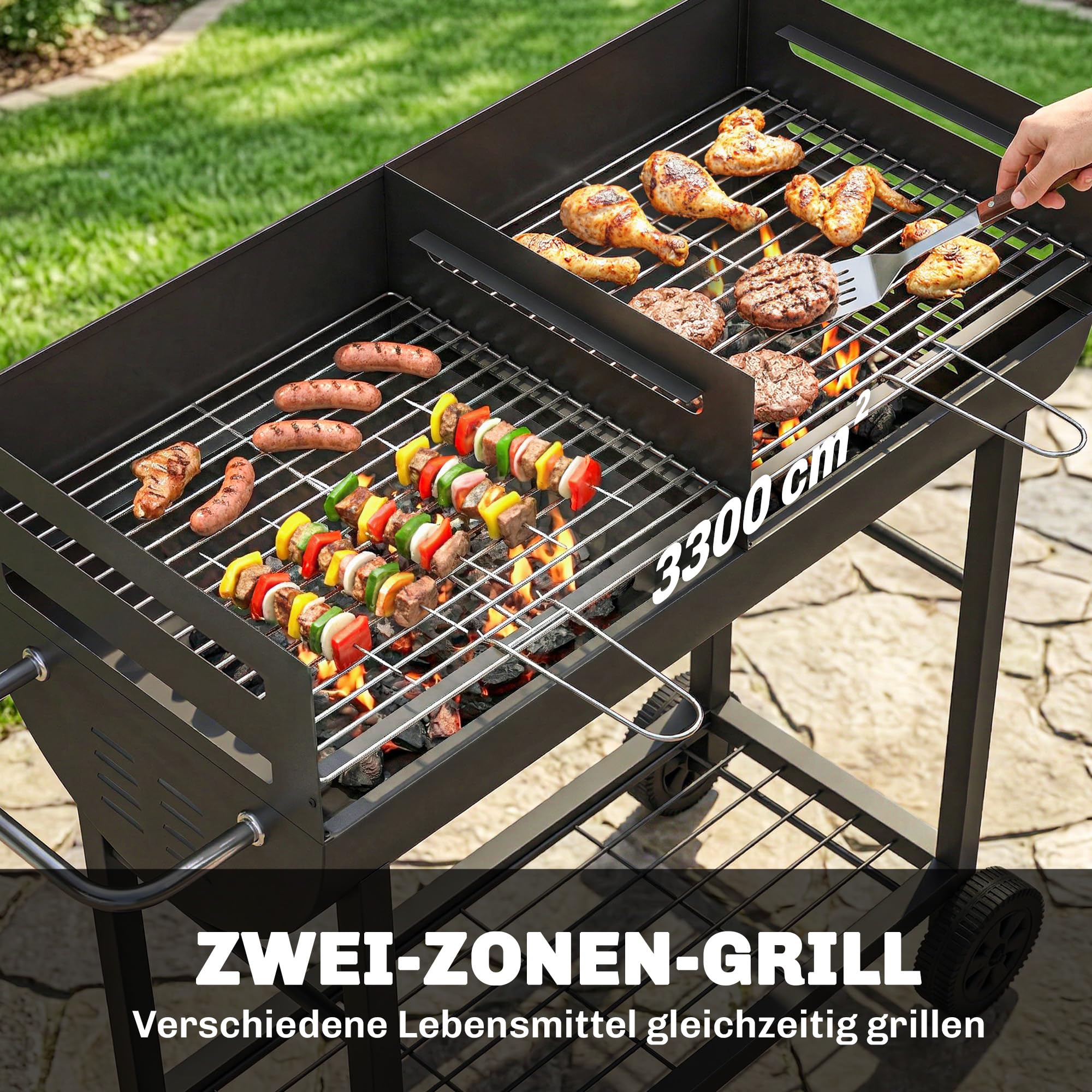 Outsunny Holzkohlegrill Grillwagen mit 2 Grillzonen höhenverstellbarer Grillrost Holzablage Räder Seitengriff, fahrbar Holzkohle Grill für Terrasse Picknick Party 103 x 46,5 x 100 cm Schwarz