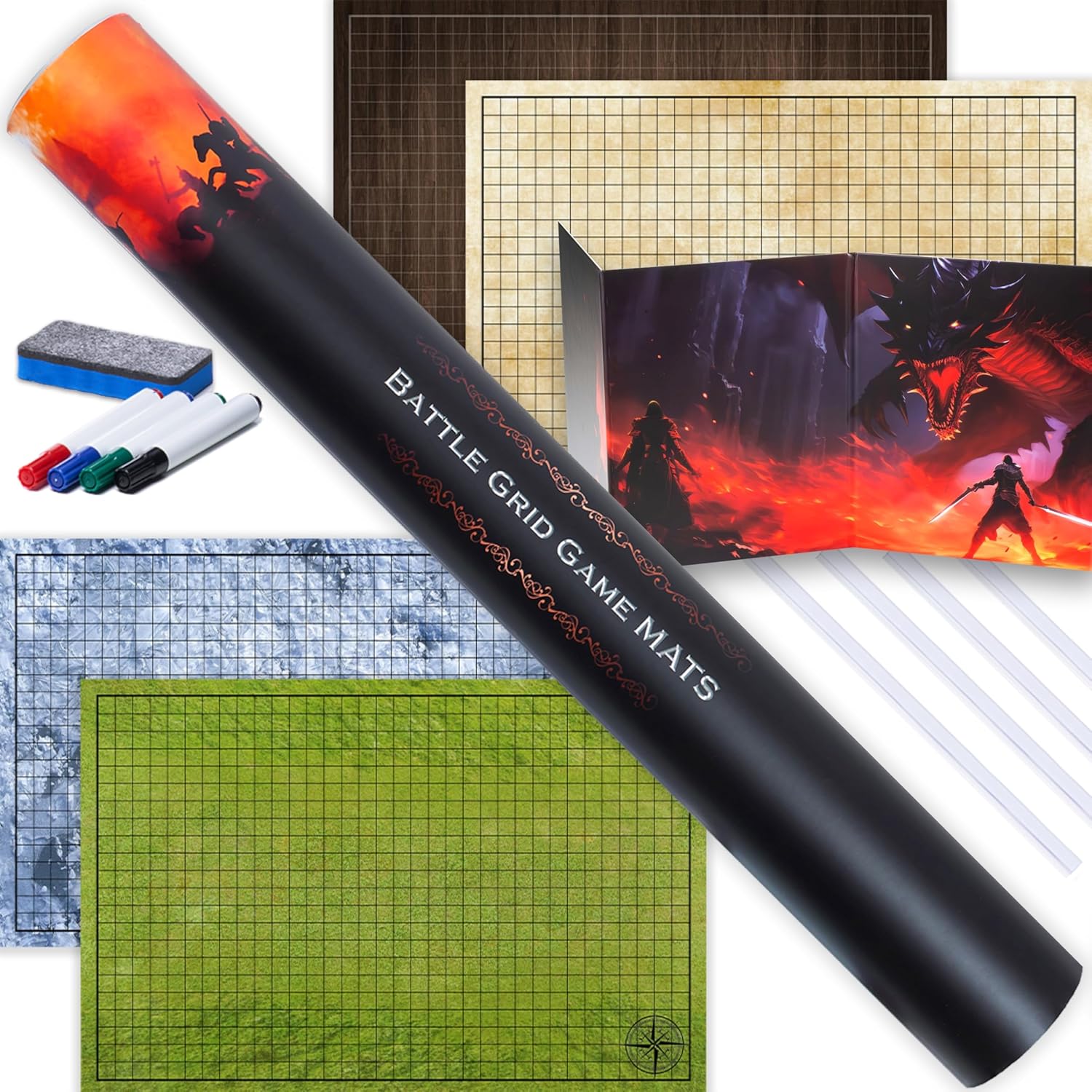 Tidyboss 24" x 36" DND Starter Set | 2 x Double Sides 4 Terrains Game Grid Mat Includes Dry Erase Markets, Eraser, Clips and 4-Panel Master Screen