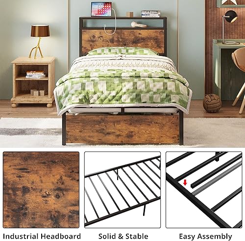 Miniatura 67 de LIKIMIO Base de cama individual con cajón, cabecera de almacenamiento con tomas, no necesita somier, fácil montaje, marrón oscuro Marrón oscuro,Gris