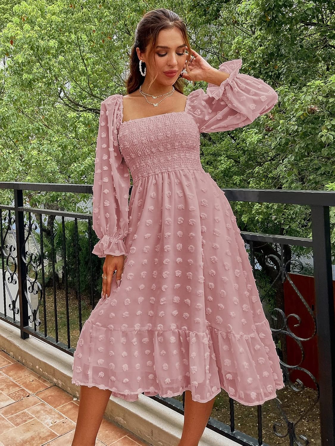 Amegoya Women's Boho Flowy Long Sleeve Square Neck Floral Midi Dress Smocked Spring Fall Wedding Guest Dresses - Image 2