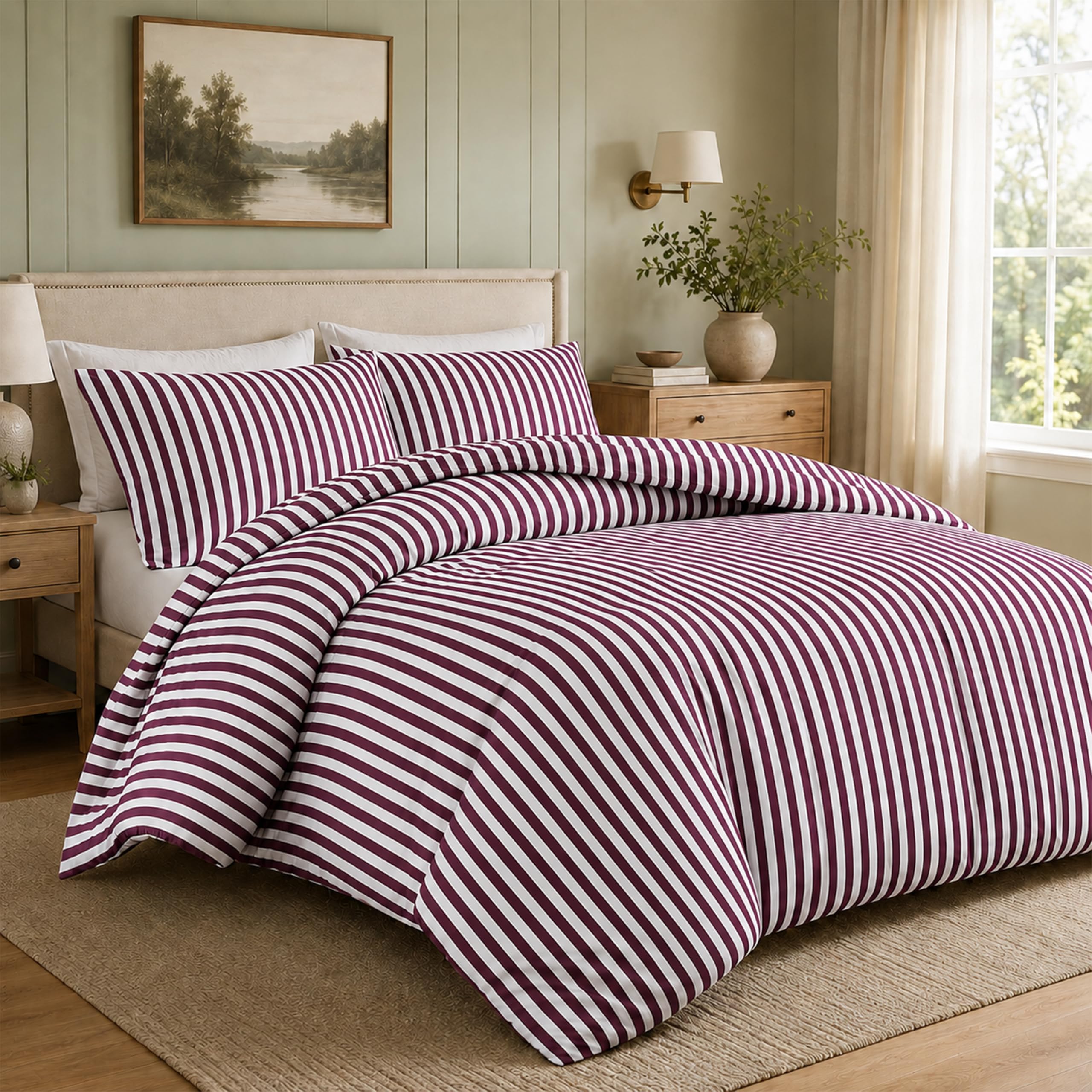 Olivia Rocco Malham Stripe Double Duvet Cover Set Soft Microfibre Bedding Reversible Quilted Bed Sets with Pillowcases (Burgundy, Single)