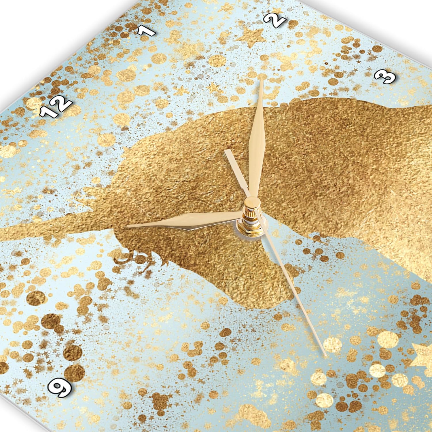 3dRose Wall Clock Silent - 15 inch - Image of Gold Aqua Glitzy Confetti Stars Sparkle Unicorn - PS Animals
