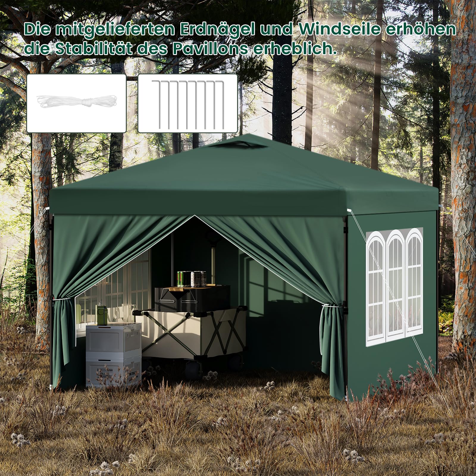 Laneetal Pavillon 3x3 m, Faltpavillon mit Seitenwänden, wasserfest stabil Winterfest, Outdoor Gartenpavillon, Partyzelt Gartenzelt, höhenverstellbar, UV Schutz, Metallrahmen,Grün