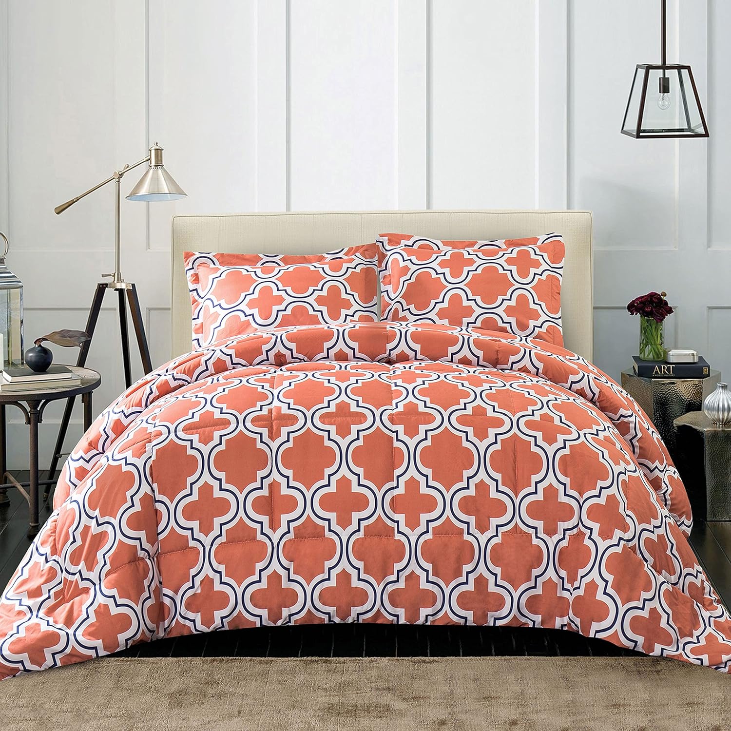 Superior Trellis Comforter Set with Pillow Shams, Luxurious & Soft Microfiber with Down Alternative Fill, Contemporary Geometric Trellis Design - King/California King Bedding Set, Coral