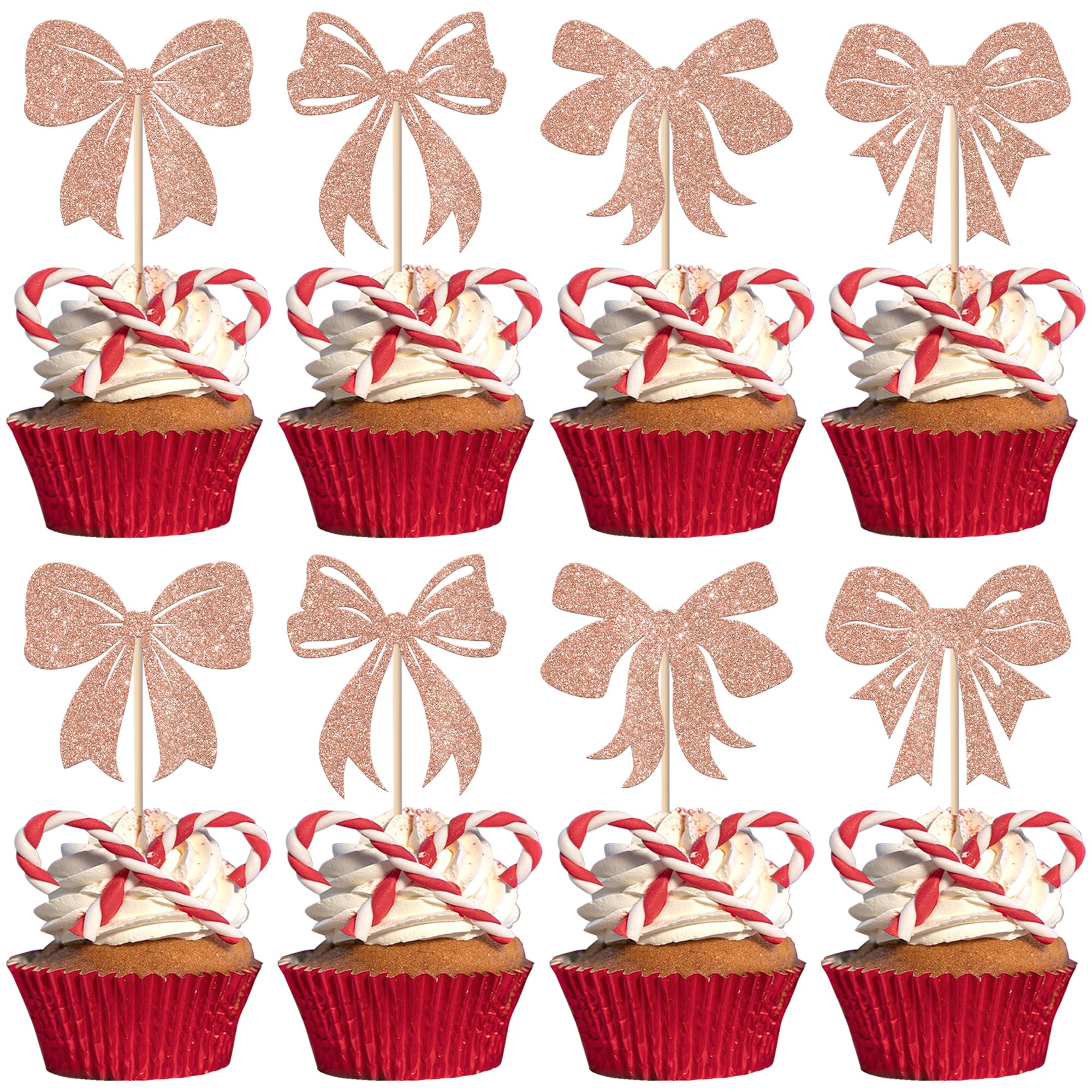 Xsstarmi 24 Pack Bow Cupcake Toppers Rose Gold Glitter Bow Themed Birthday Cupcake Picks Bowknot Cupcake Decorations for Wedding Engagement Bridal Shower Birthday Party Cake Decorations Supplies โ image 1