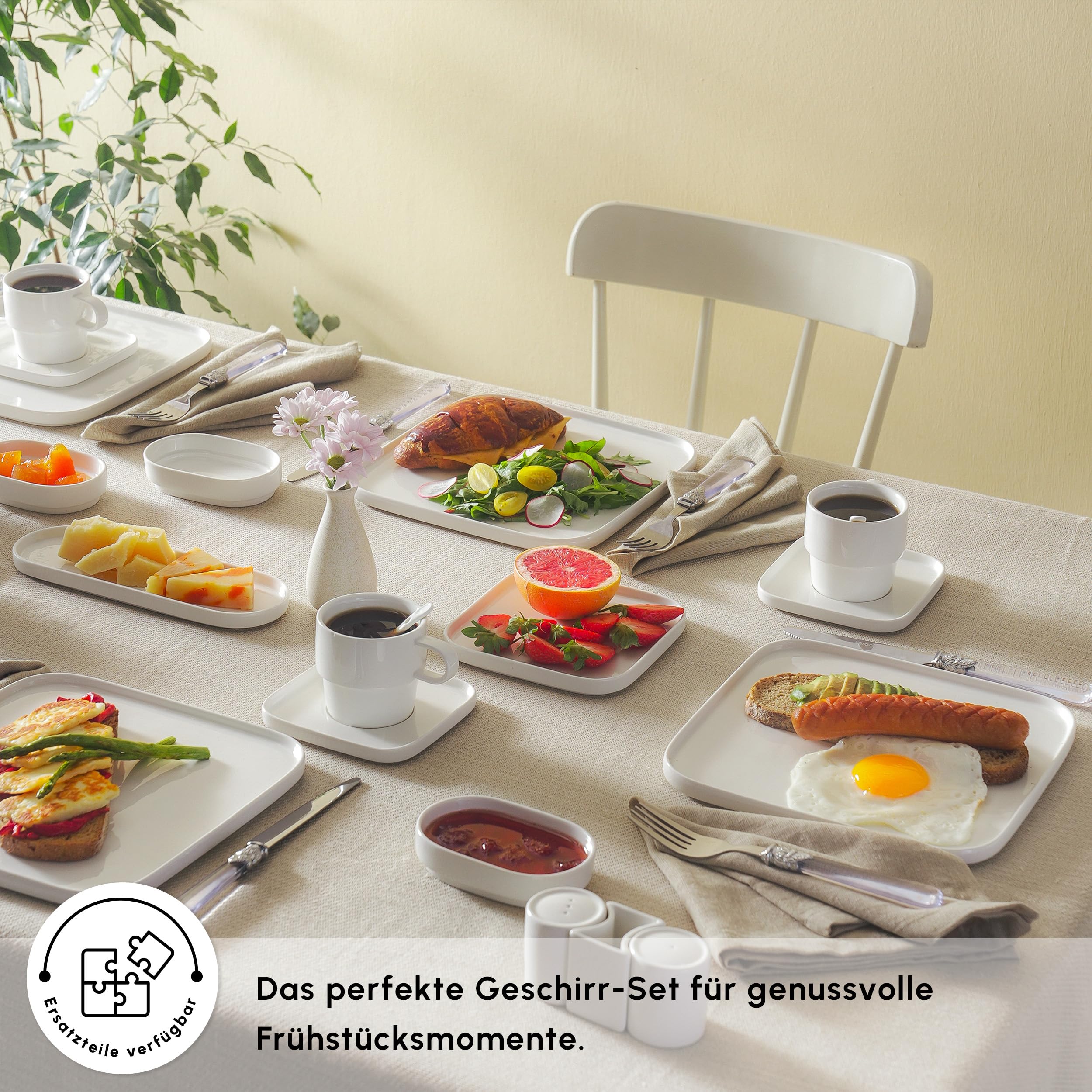 Karaca Cubique zestaw śniadaniowy, kwadratowy, 35-częściowy kubek do herbaty/kawy, serwis obiadowy, biały, 35-częściowy zestaw talerzy, porcelanowy serwis obiadowy dla 6 osób, zestaw zastawy stołowej