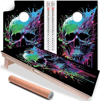 Cornhole Board Wraps and Decals for Boards Set of 2 Skins Professional Vinyl Covers Sticker - Neon Splatter Paint Skull Gothic Art Cornhole Decal for Boards Covers Sticker Cornhole Vinyl Wraps
