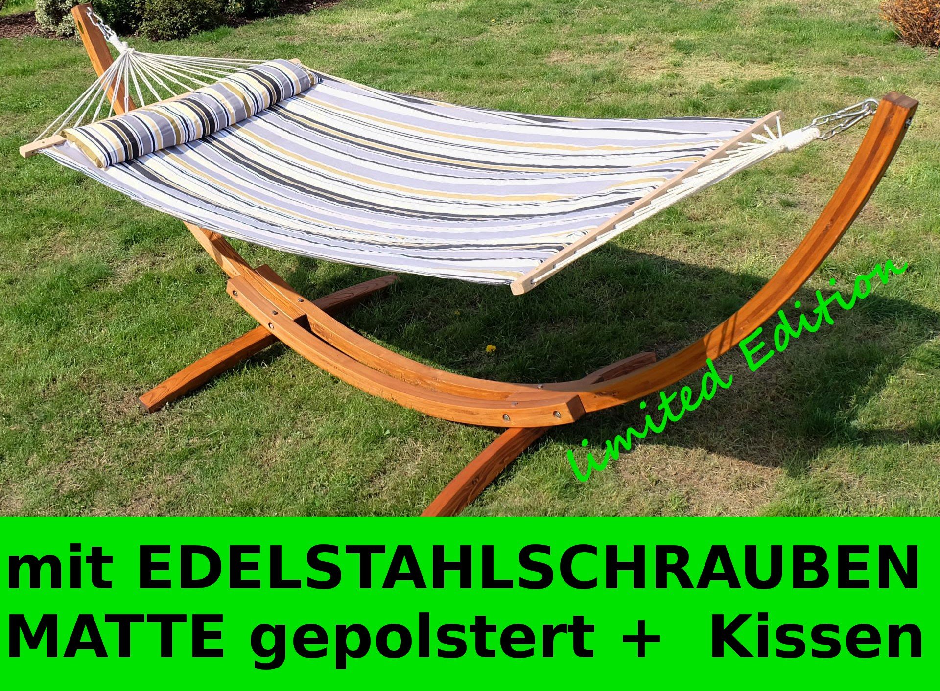 ALEOS. 320cm Hängemattengestell Limited Edition NAGUA Hängematte mit Gestell aus Holz Lärche Natur mit Stabhängematte grau gestreift gefüttert und Polster Schrauben aus Edelstahl