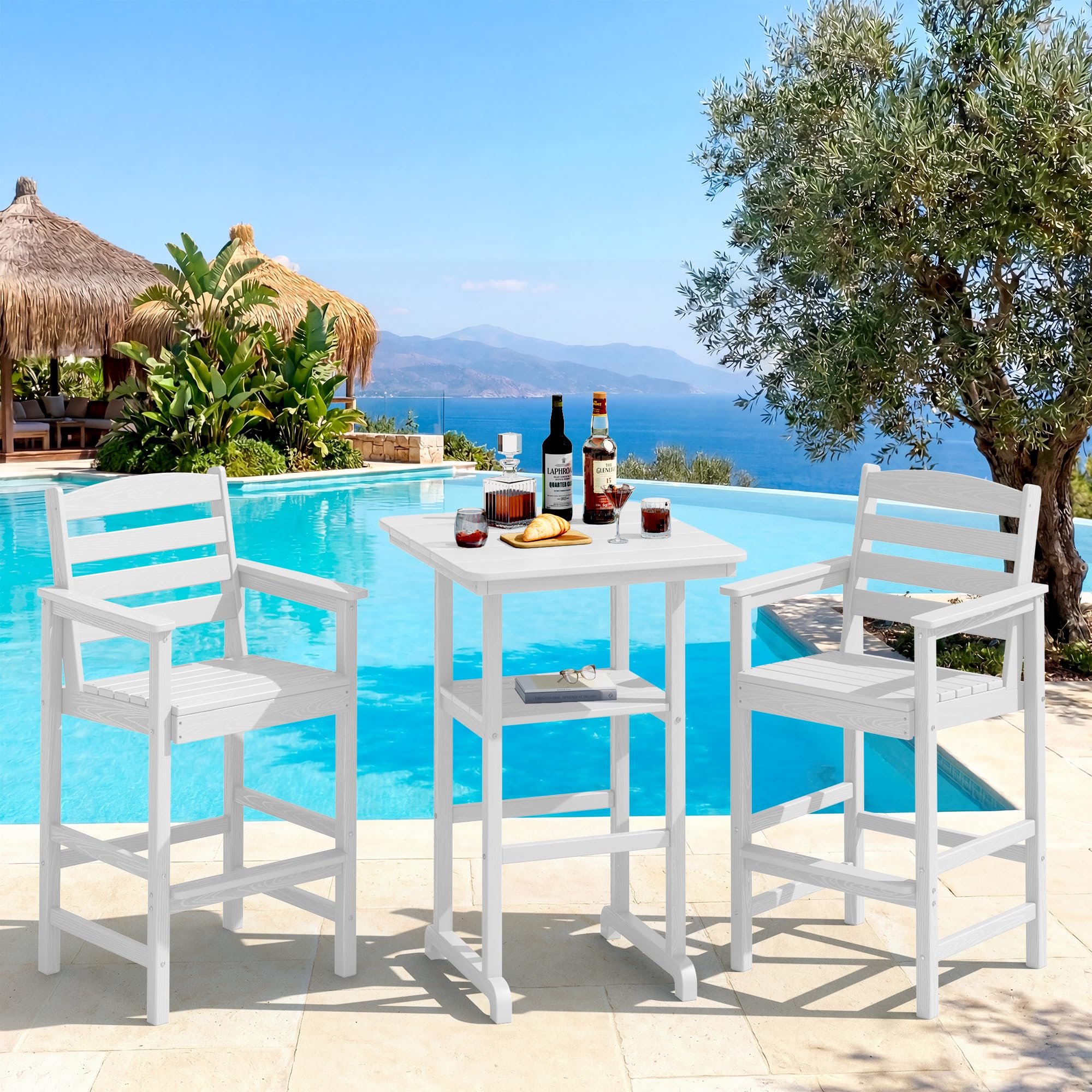 SERWALL 3 Pcs HDPE Bar Height Chairs and Double Layer Pub Table Set, White