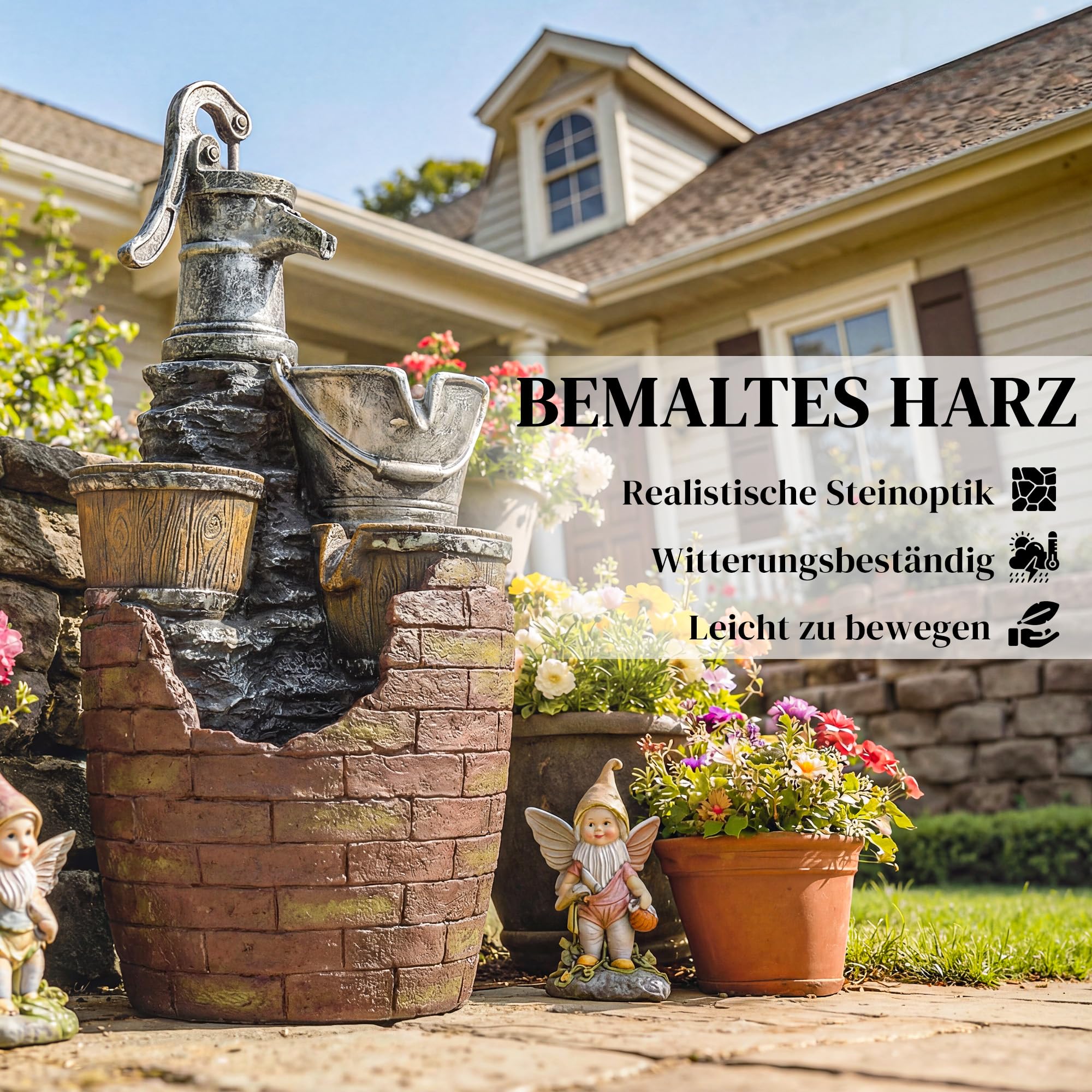Outsunny Springbrunnen 4-stufig rustikal Gartenbrunnen mit LED Beleuchtung Pflanzkübel Pumpe, Verstellbar Zimmerbrunnen Terrassenbrunnen Wasserspiel Zierbrunnen für Garten Rasen 34 x 31 x 76 cm