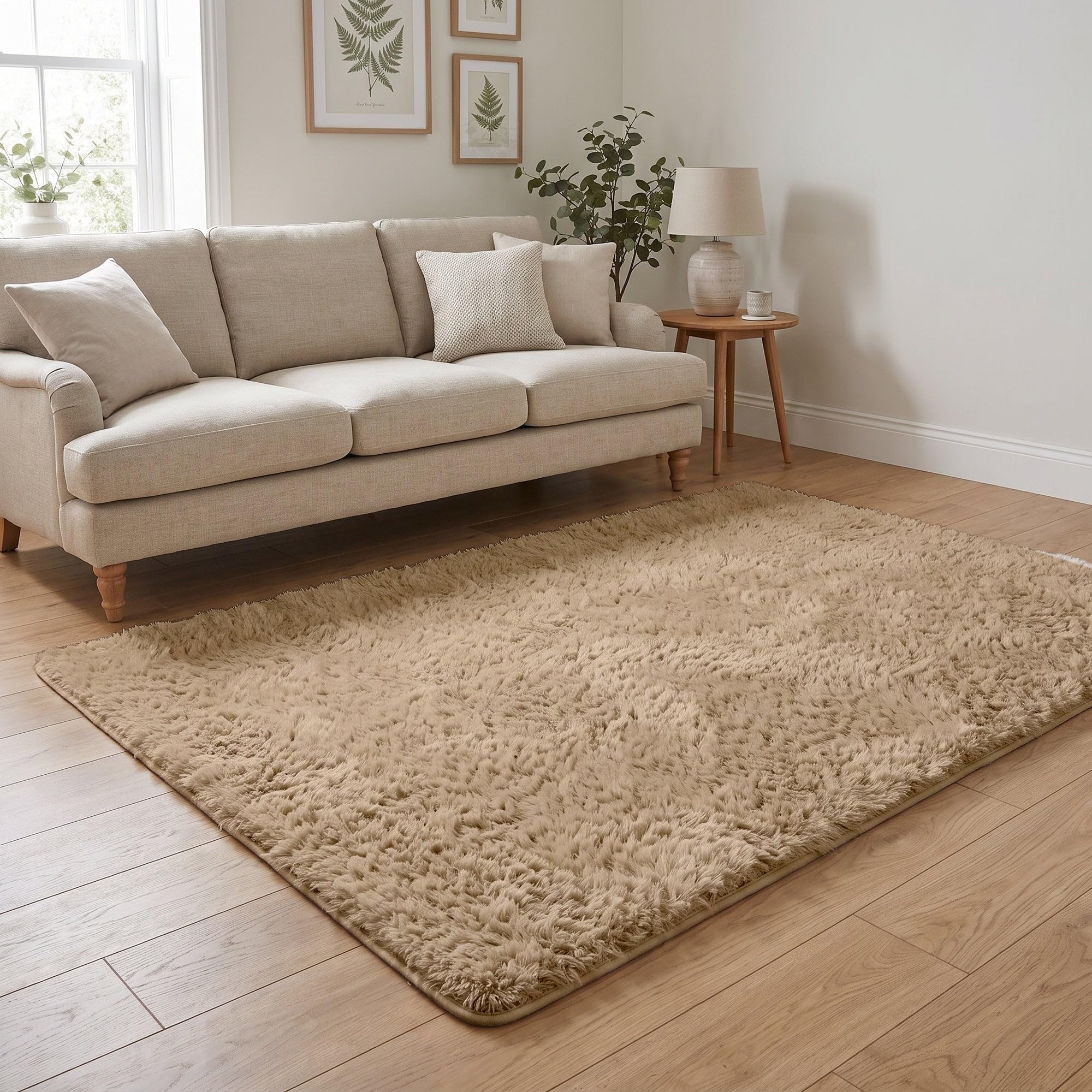 THE RUGS Lush Shaggy Rug Living Room - Washable Non-Slip Large 160x220 cm, Beige 3.5 cm Soft Thick Pile Bedroom Nursery